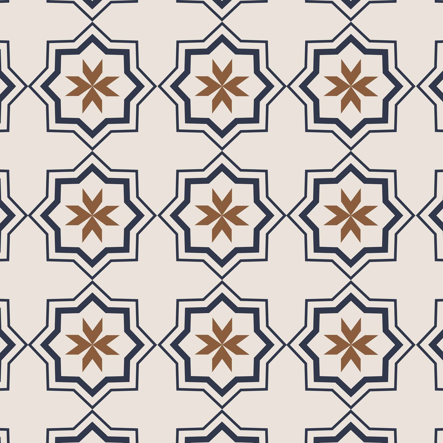 tan_Pattern of interlocking star shapes with brown and blue colors on a beige background.