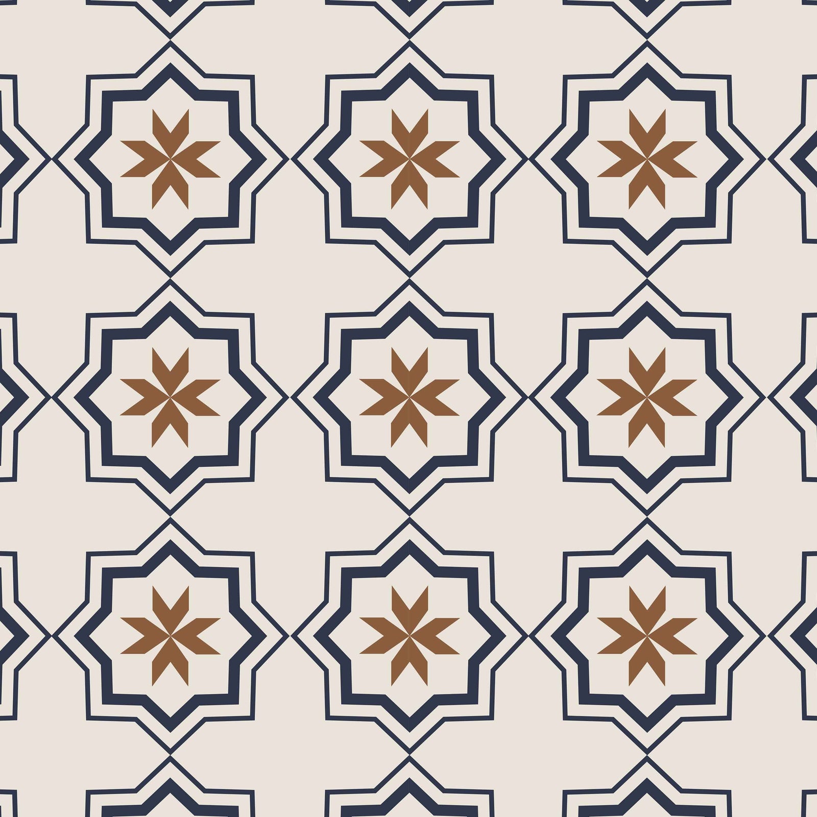 tan_Pattern of interlocking star shapes with brown and blue colors on a beige background.