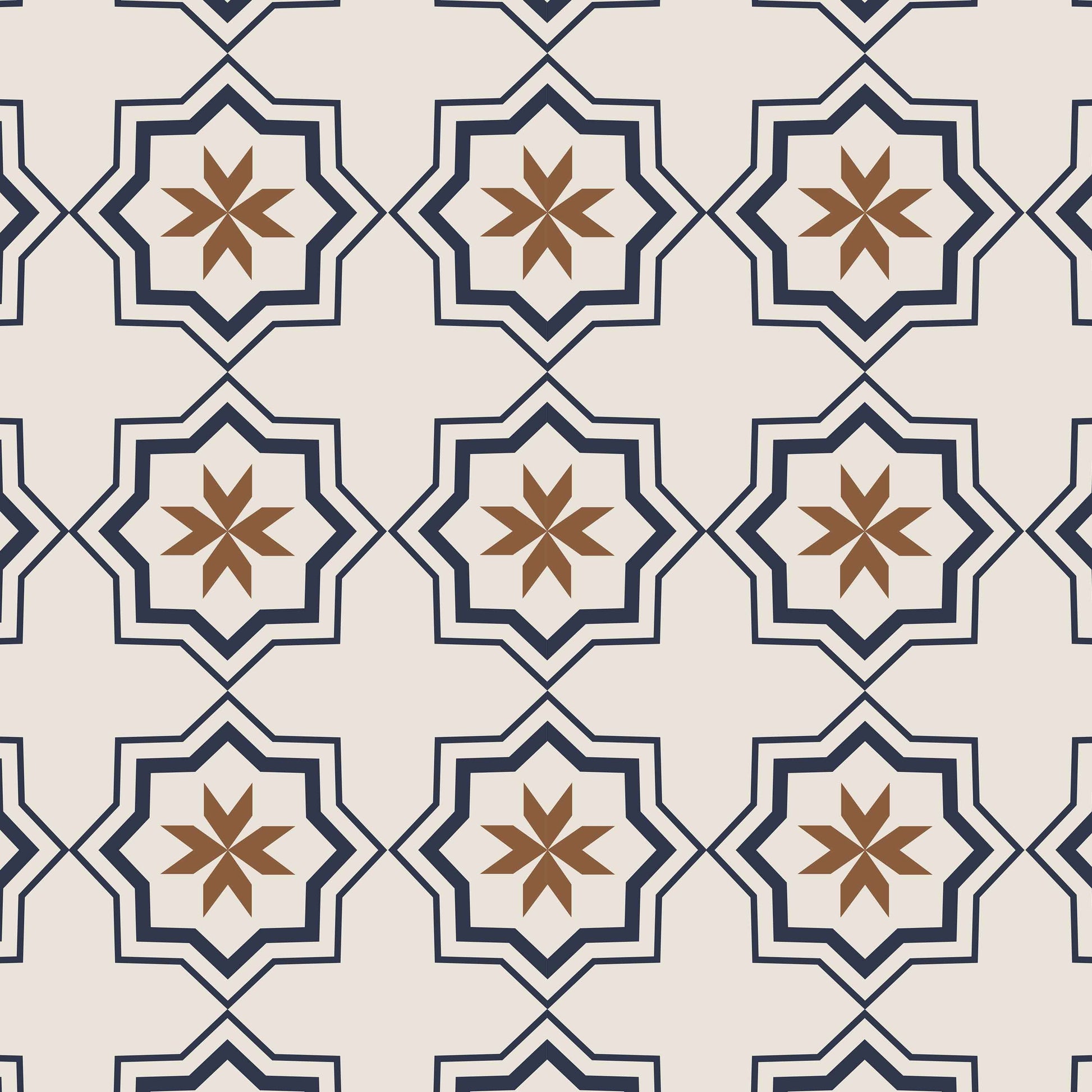 tan_Pattern of interlocking star shapes with brown and blue colors on a beige background.
