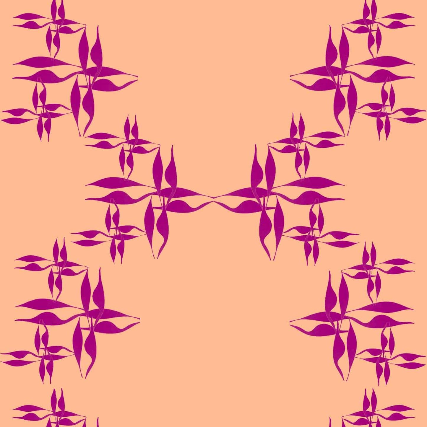 peach-fuzz-violet_wallpaper showing a repeated pattern of purple floral designs on a orange background.
