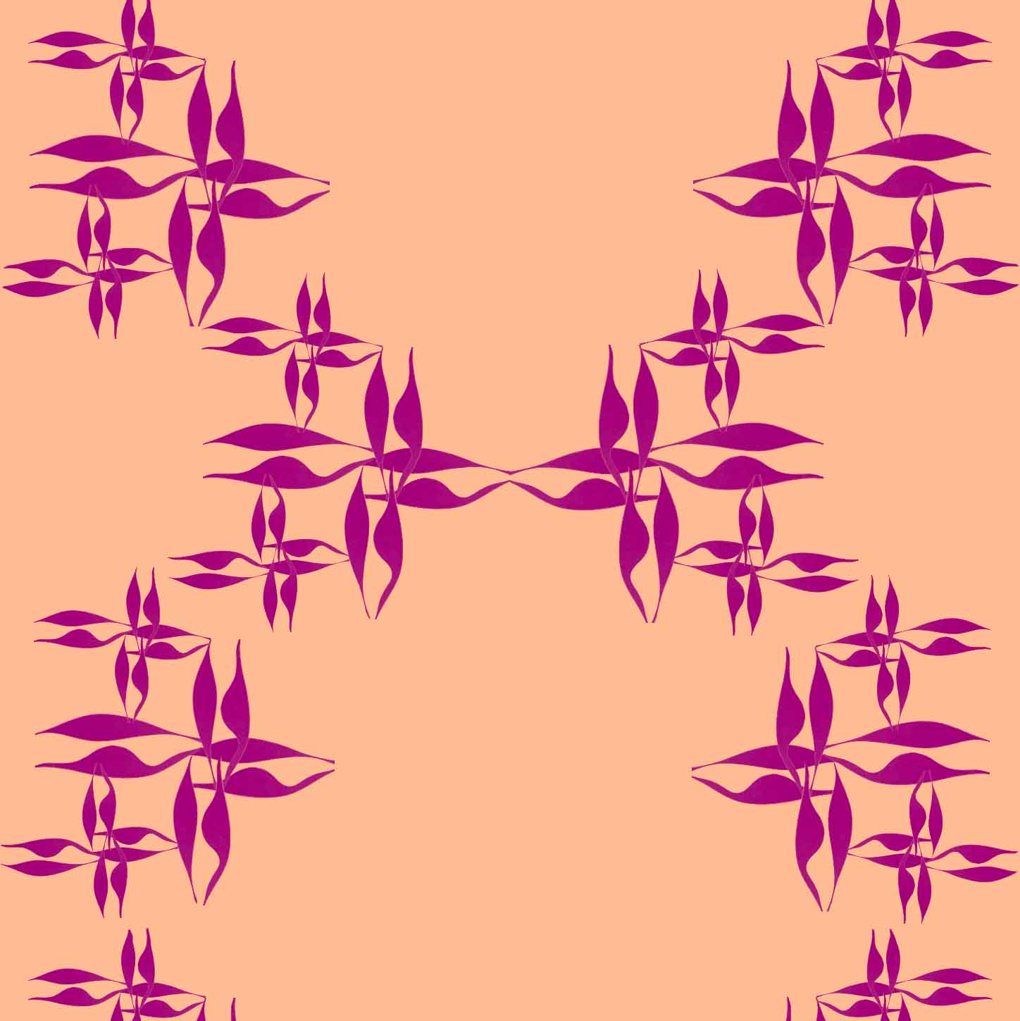 peach-fuzz-violet_wallpaper showing a repeated pattern of purple floral designs on a orange background.
