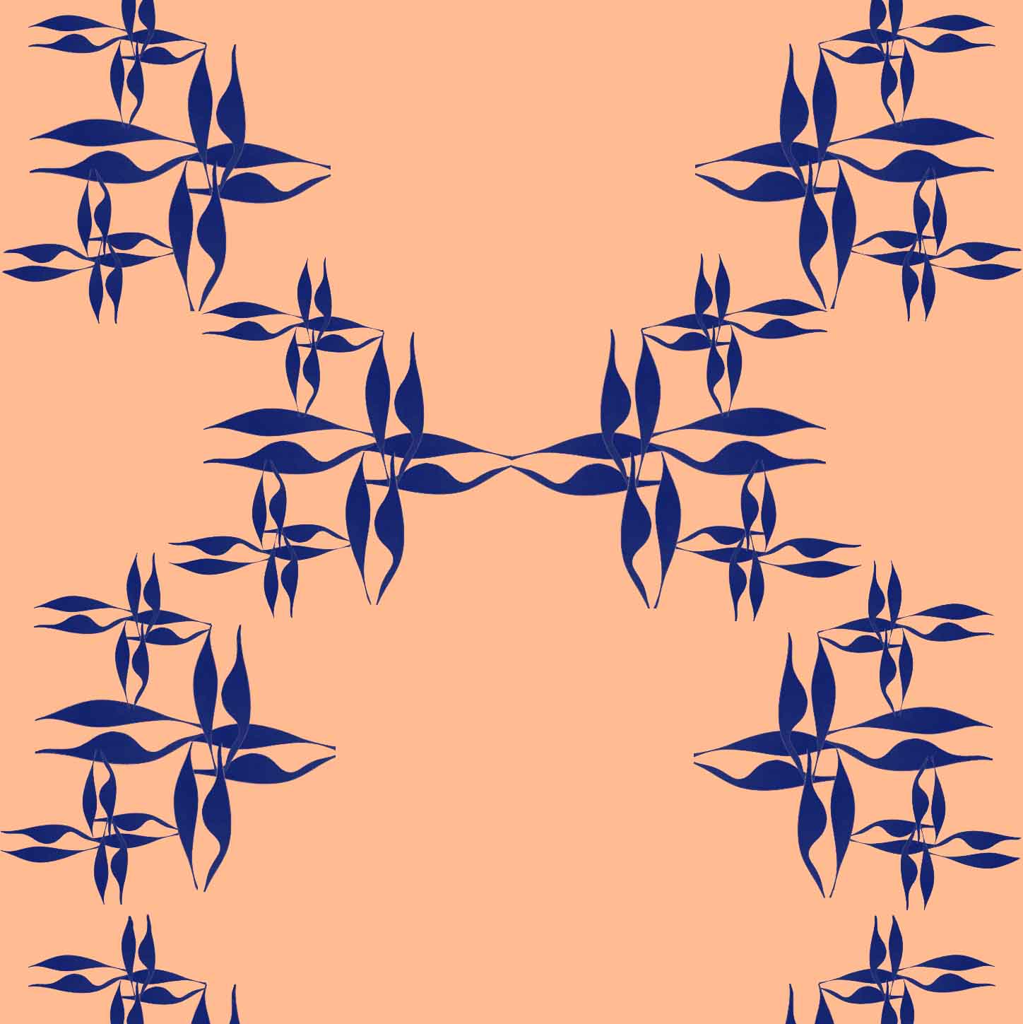 peach-fuzz-navy_wallpaper showing a repeated pattern of navy floral designs on a peach fuzz background