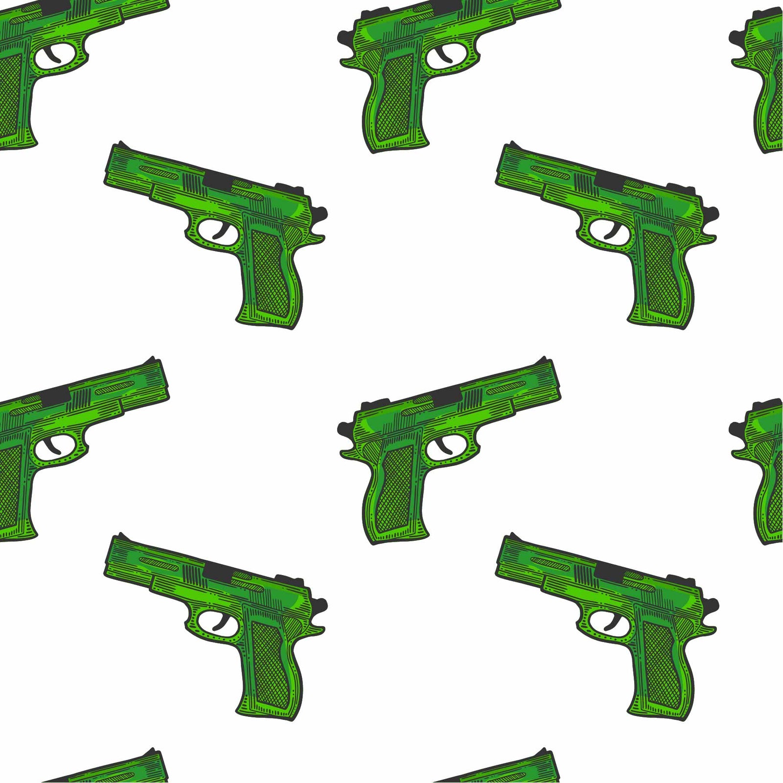 green_A patterned wallpaper featuring a repeated motif of green hand guns on a white background 