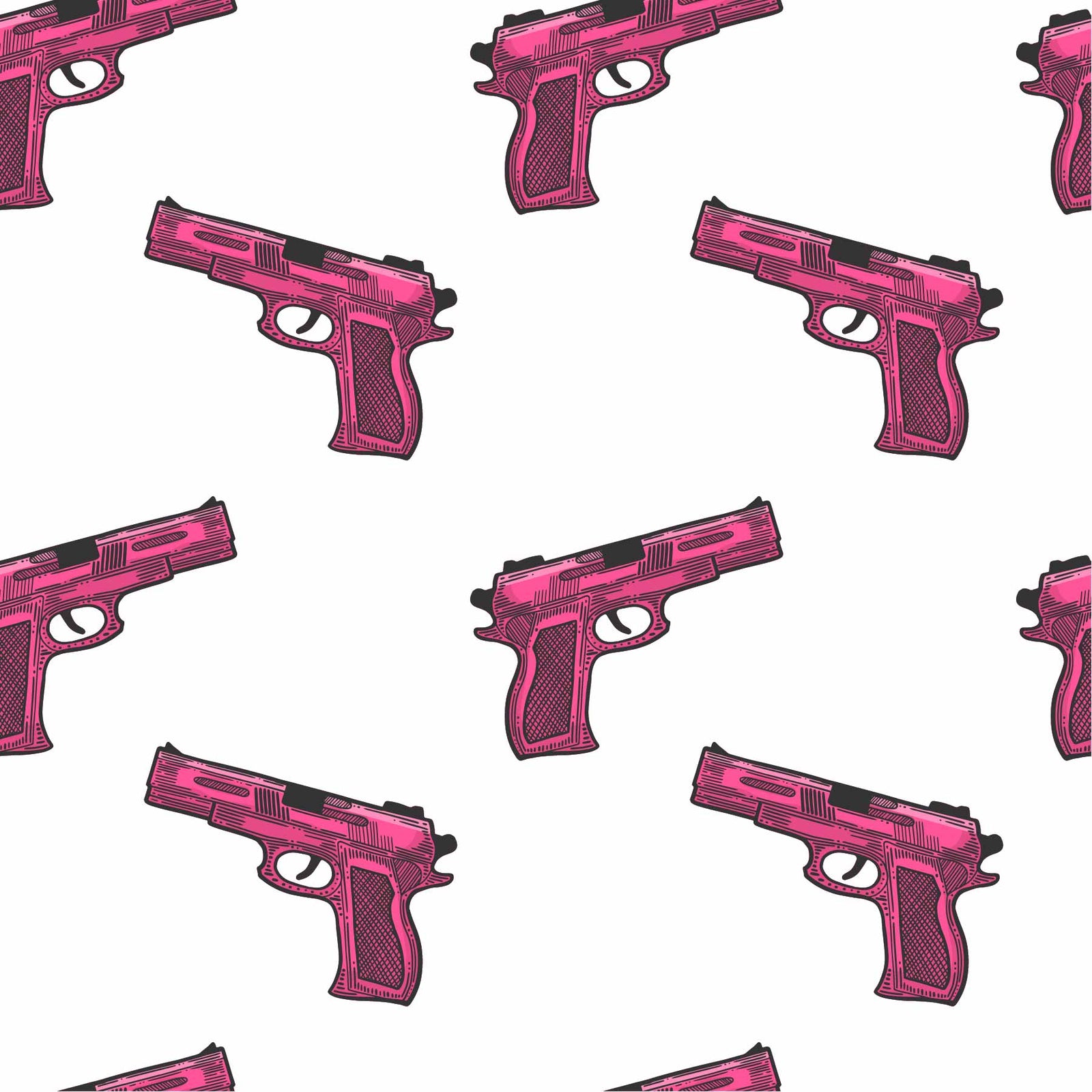 pink_A patterned wallpaper featuring a repeated motif of pink hand guns on a white background.