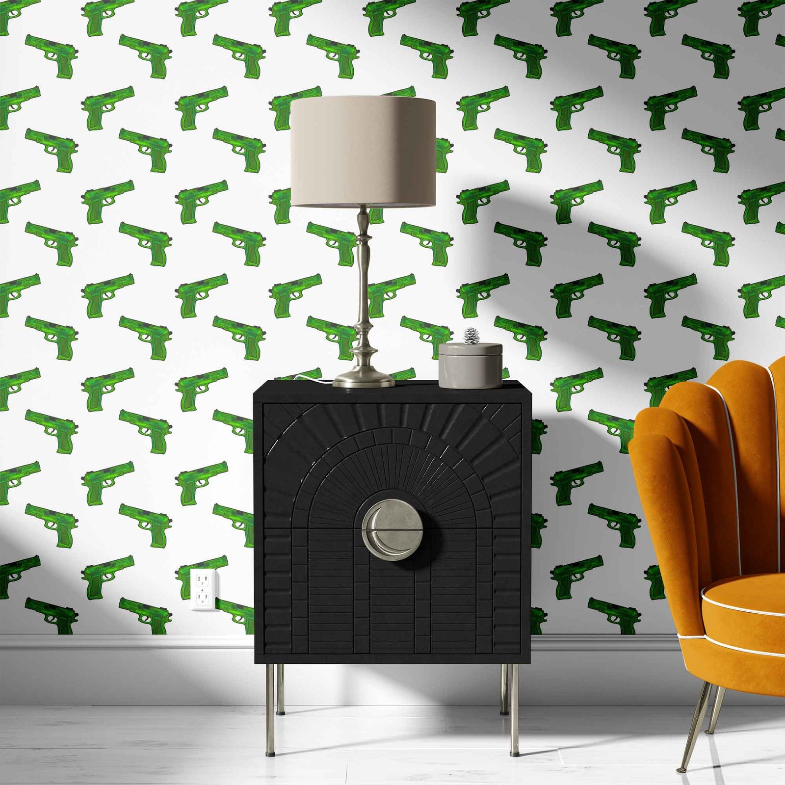 green_A patterned wallpaper featuring a repeated motif of green hand guns on a white background sitting area with orange sofa.