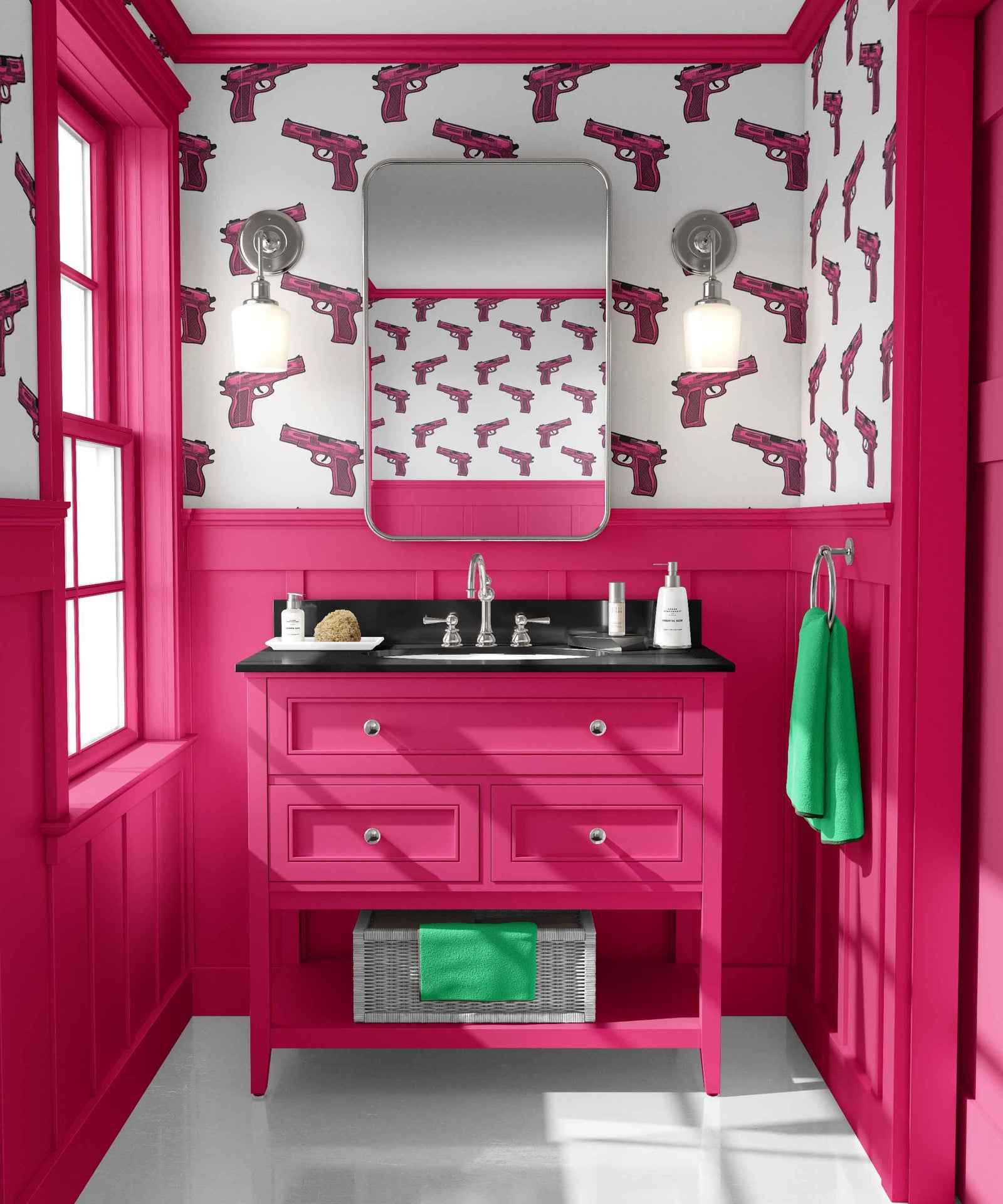 pink_A patterned wallpaper featuring a repeated motif of pink hand guns on a white background in a bathroom