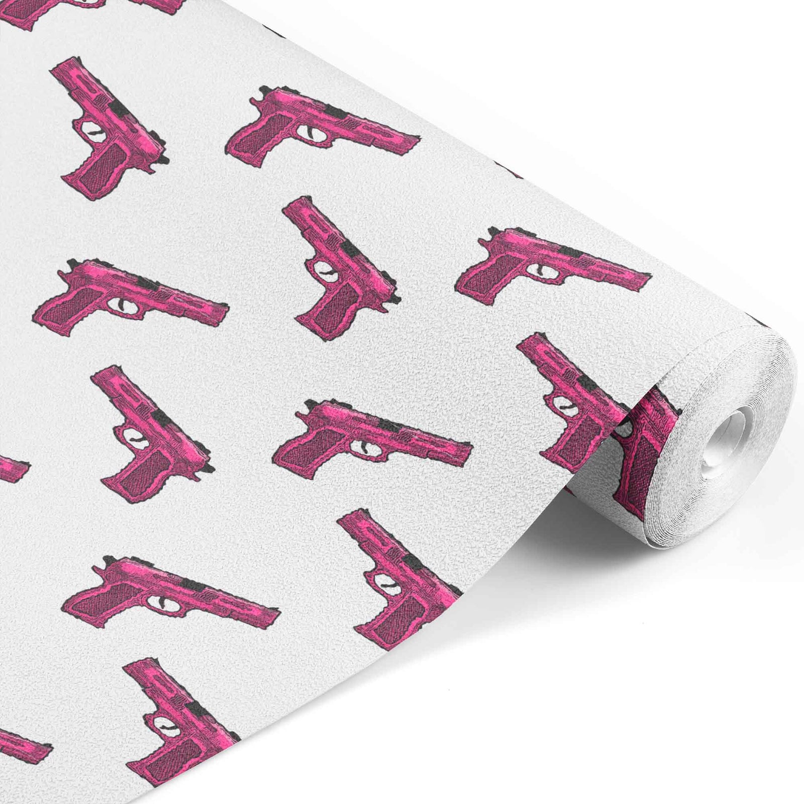 pink_A patterned wallpaper featuring a repeated motif of pink hand guns on a white background.