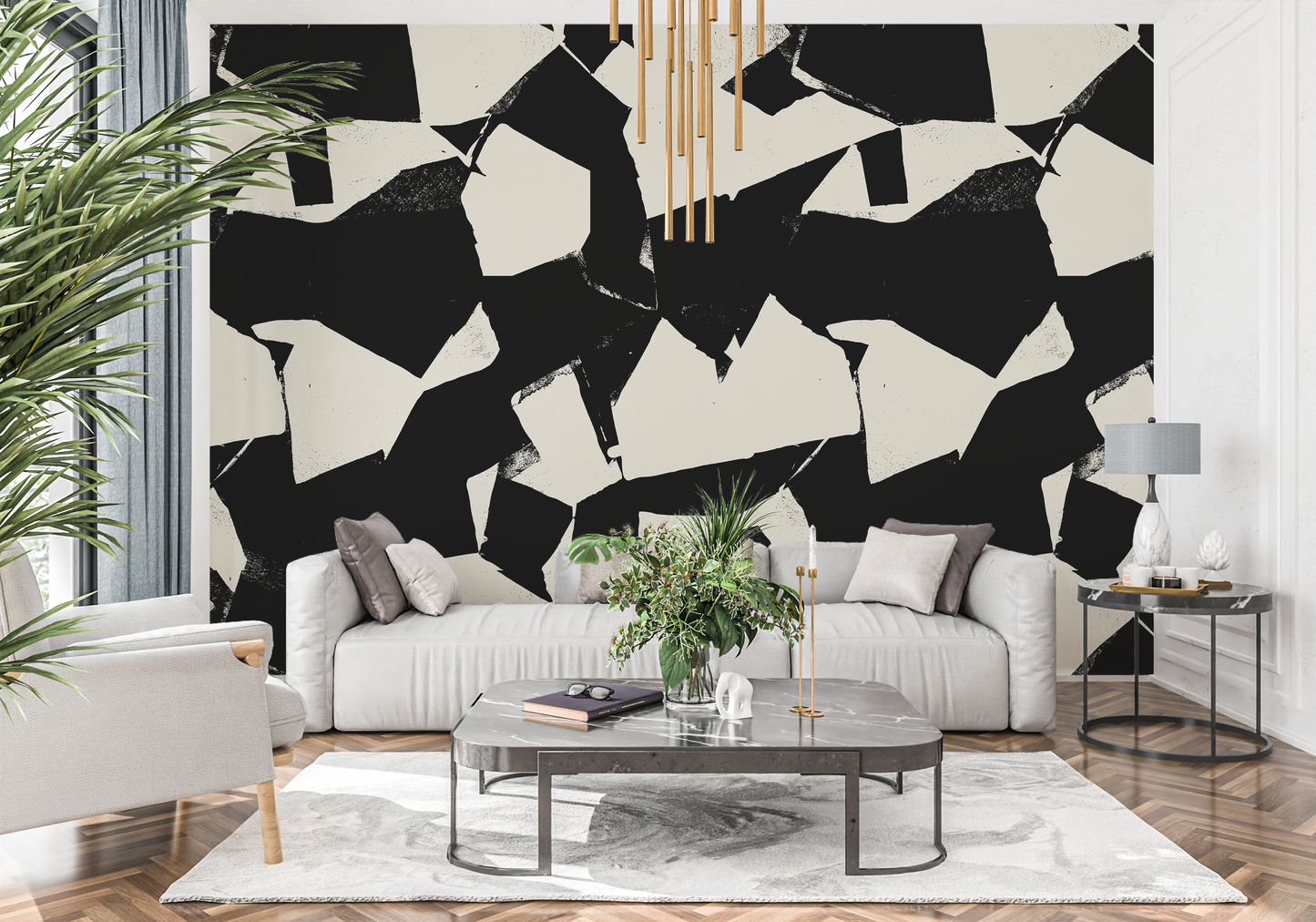 black_A wallpaper featuring a modern geometric pattern with alabaster shapes on a black background. Featured in the RUE Magazine Showhouse in Dallas, Texas.