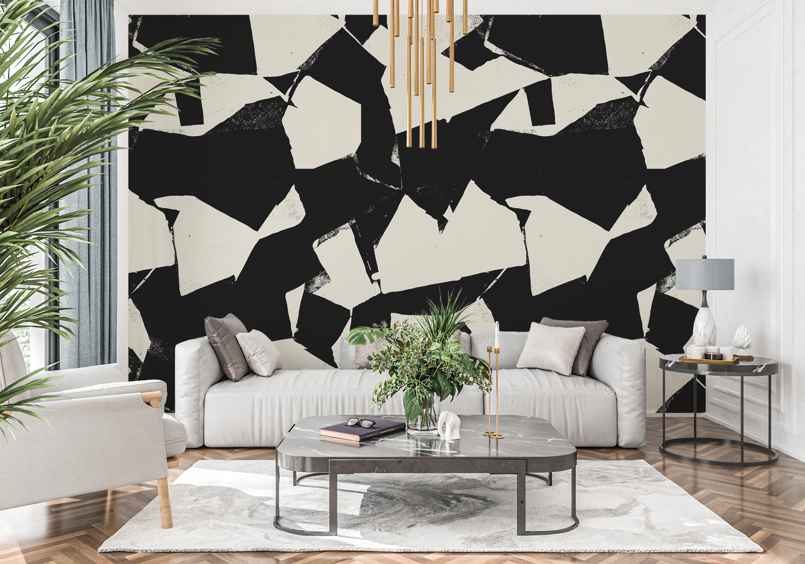 black_A wallpaper featuring a modern geometric pattern with alabaster shapes on a black background. Featured in the RUE Magazine Showhouse in Dallas, Texas.
