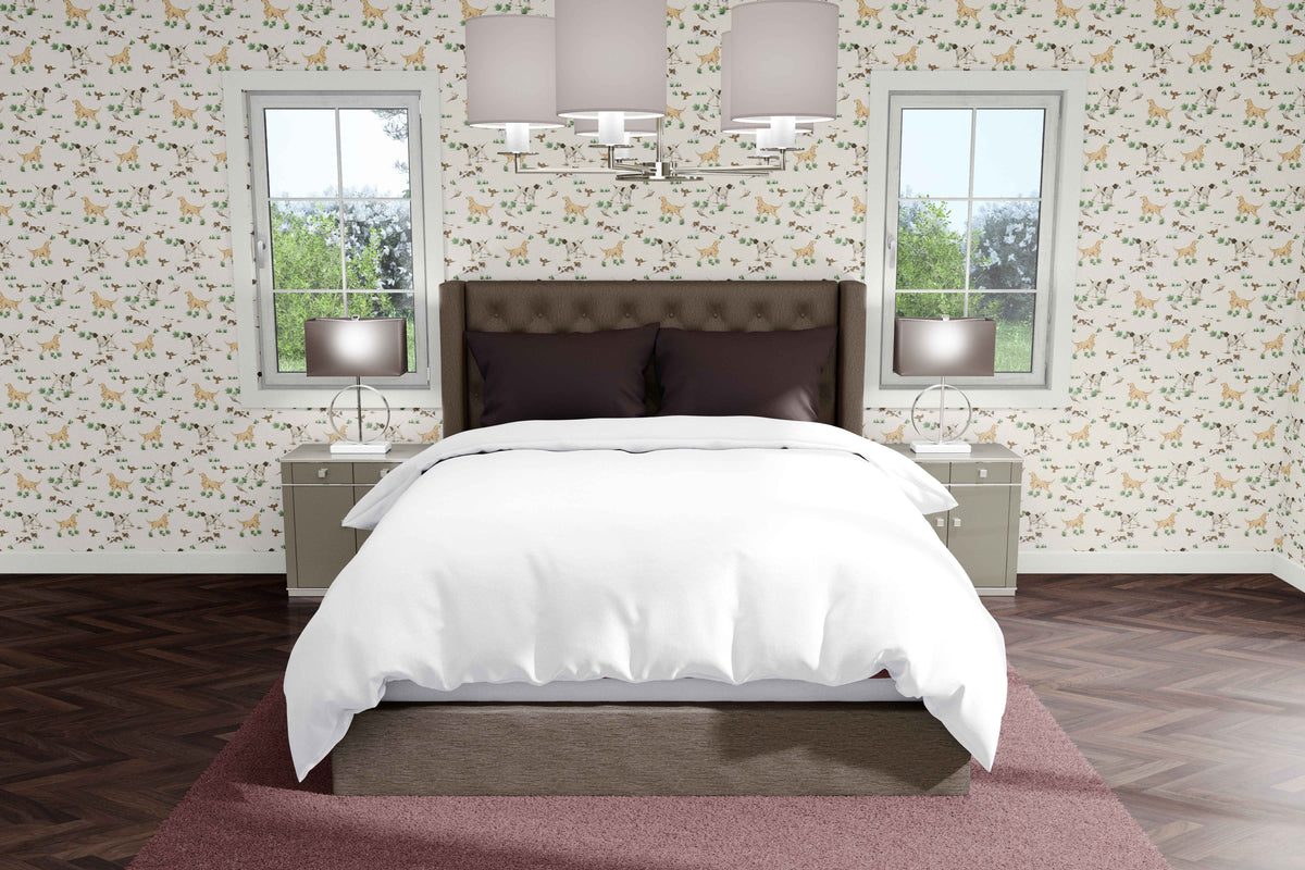 cream_Roll of wallpaper with dog pattern on neutral background in a bedroom