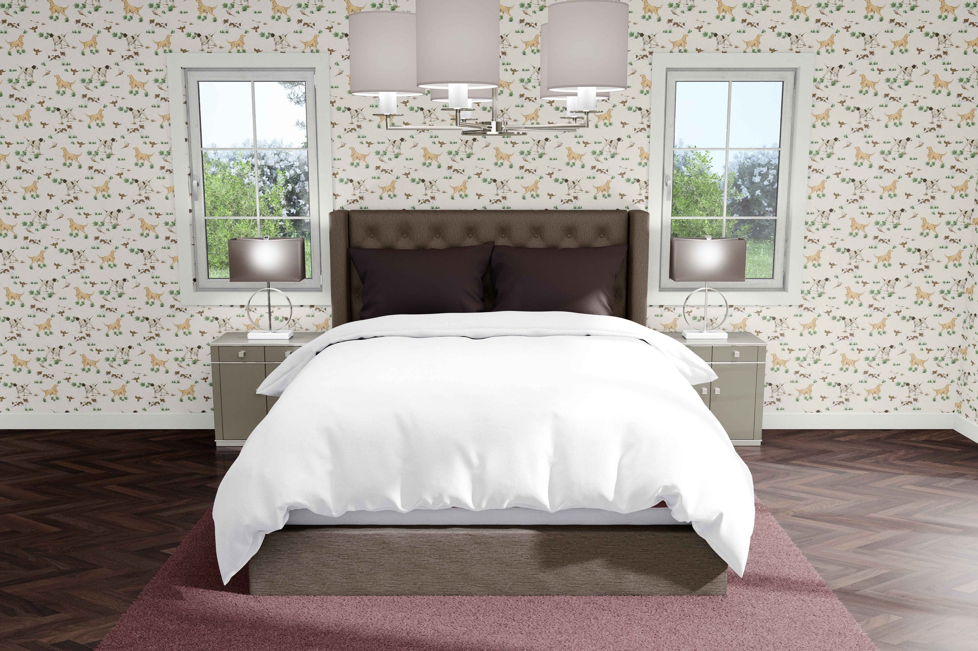 cream_Roll of wallpaper with dog pattern on neutral background in a bedroom