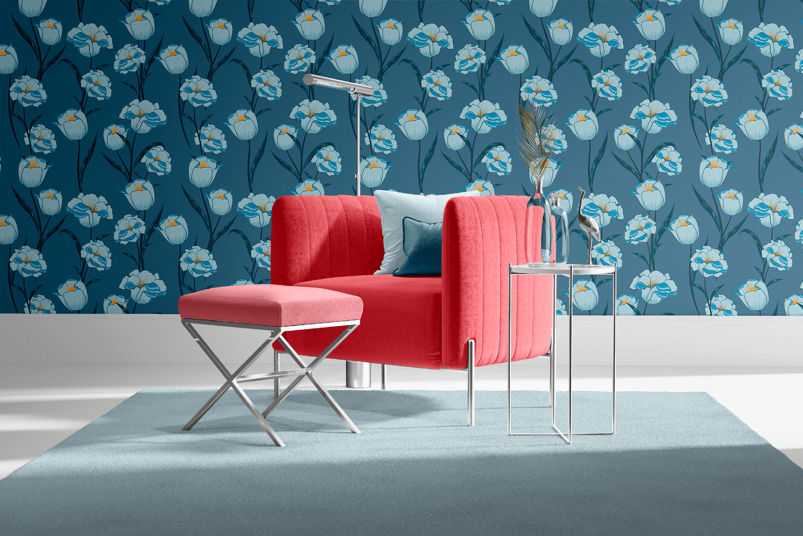 sky-blue_A wallpaper featuring a floral pattern with blue flowers and green leaves on a blue background.