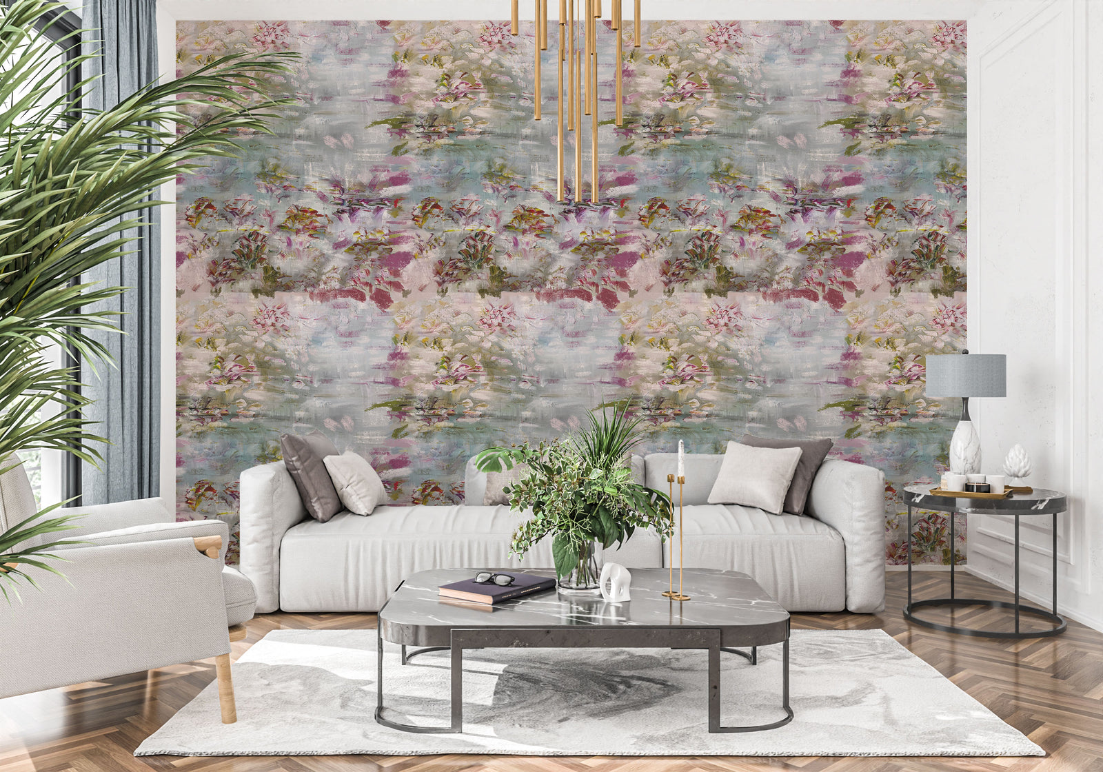 colorful_floral wallpaper displaying a abstract pattern with pink, green, and white colors in a living room with white couch
