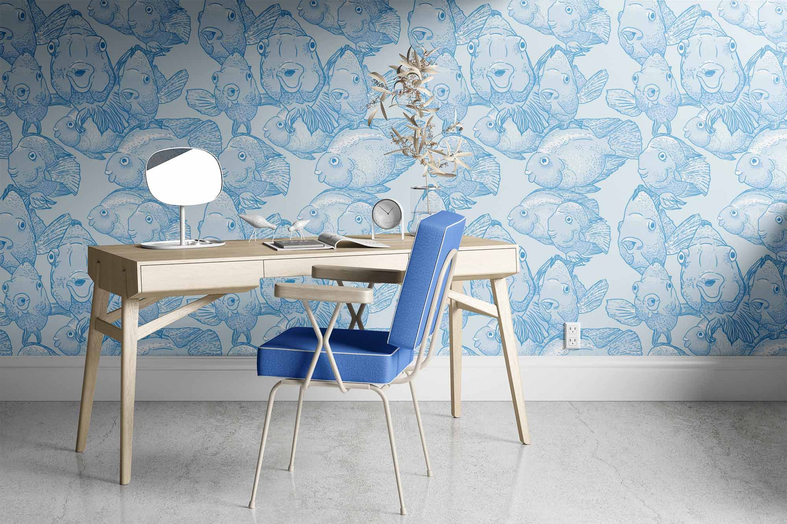 blue_A wallpaper featuring a pattern of illustrated blow fish in various shades of blue in an office with a desk and chair