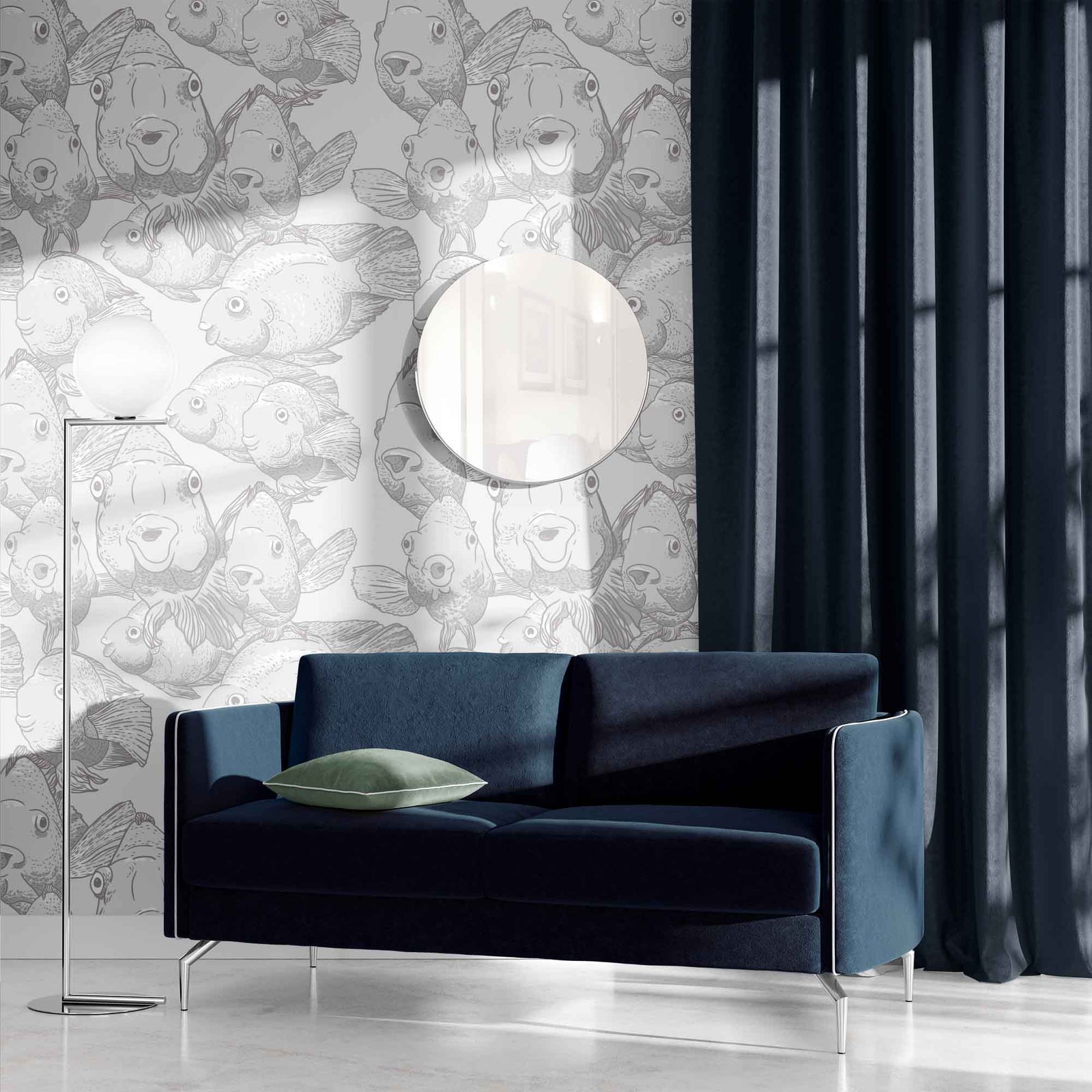 grey_A wallpaper featuring a pattern of illustrated blow fish in various shades of grey in a moody scene with a blue couch