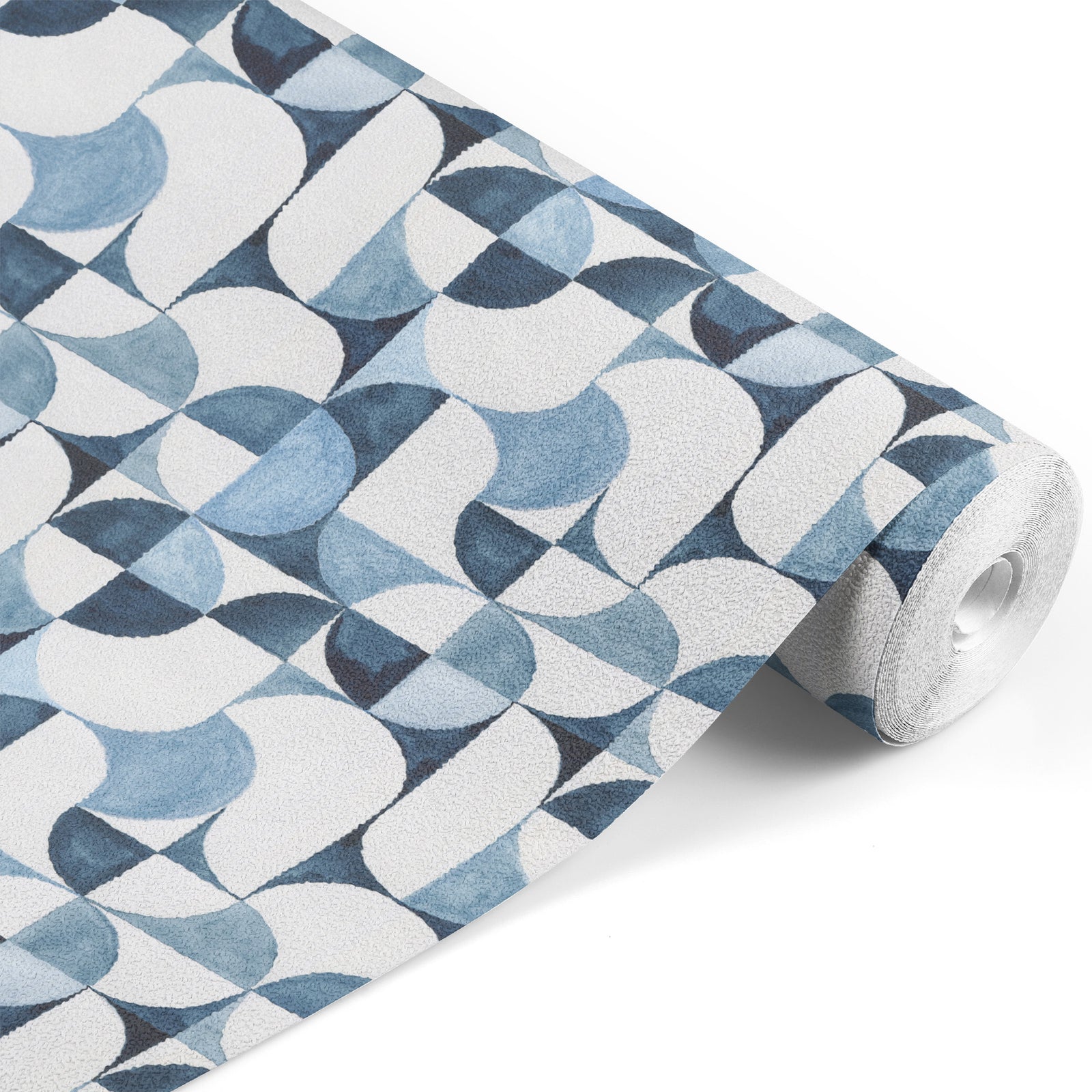blue_A wallpaper with a geometric pattern featuring circles and abstract shapes in a monochrome blue color palette.
