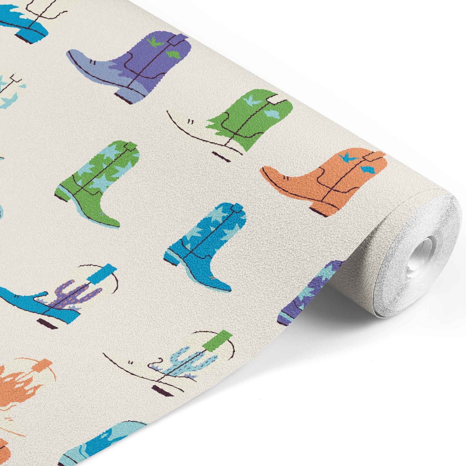 cream_wallpaper with a pattern of colorful cartoon cowboy boots.