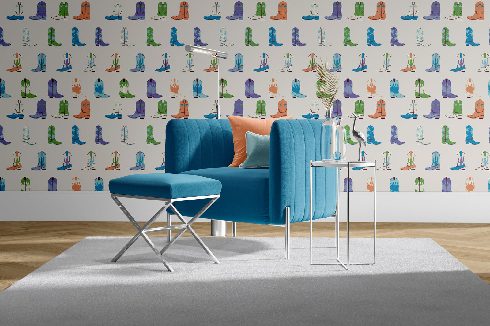 cream_wallpaper with a pattern of colorful cartoon cowboy boots in a room with a blue sofa