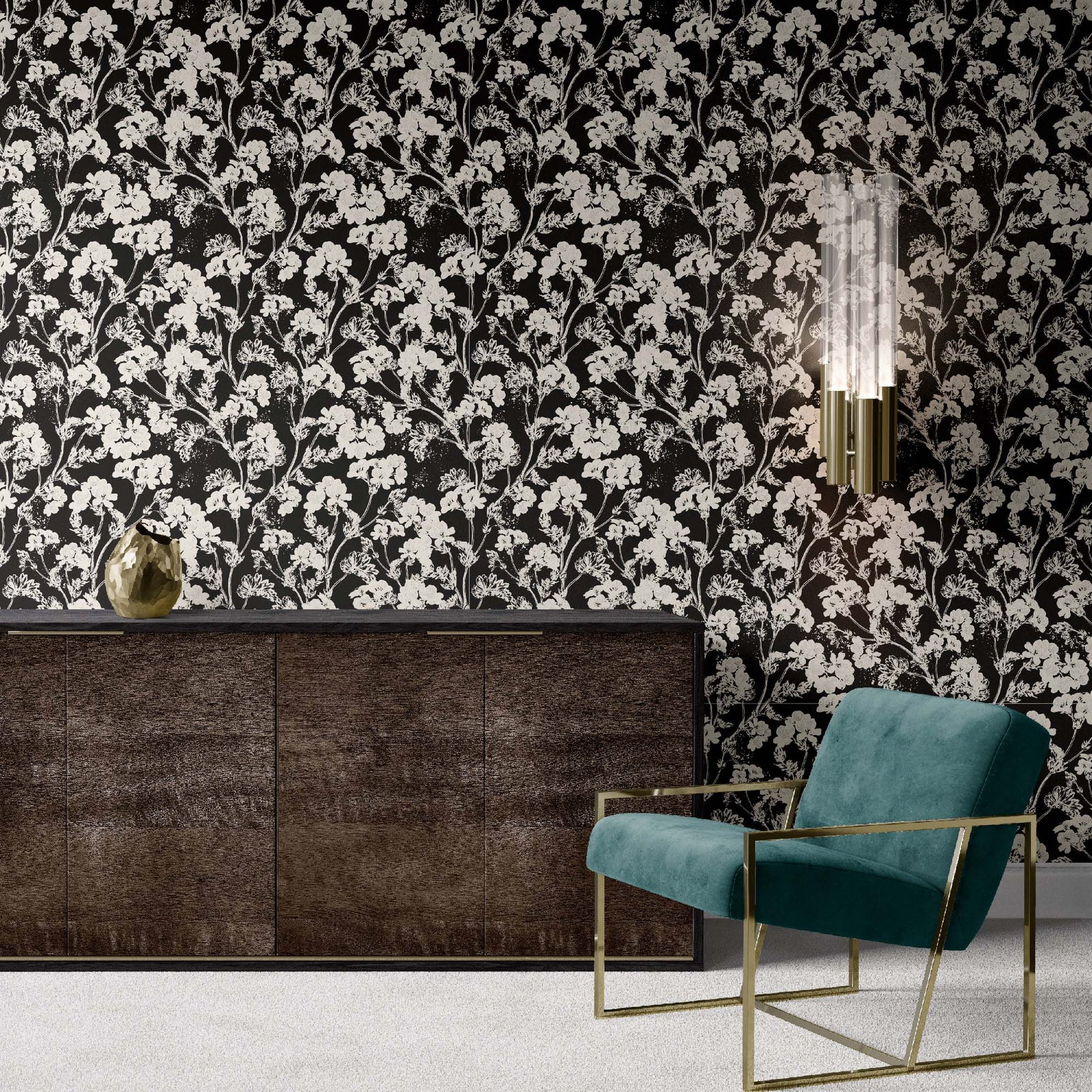 black_A black and white floral patterned wallpaper in a sitting area with teal chair