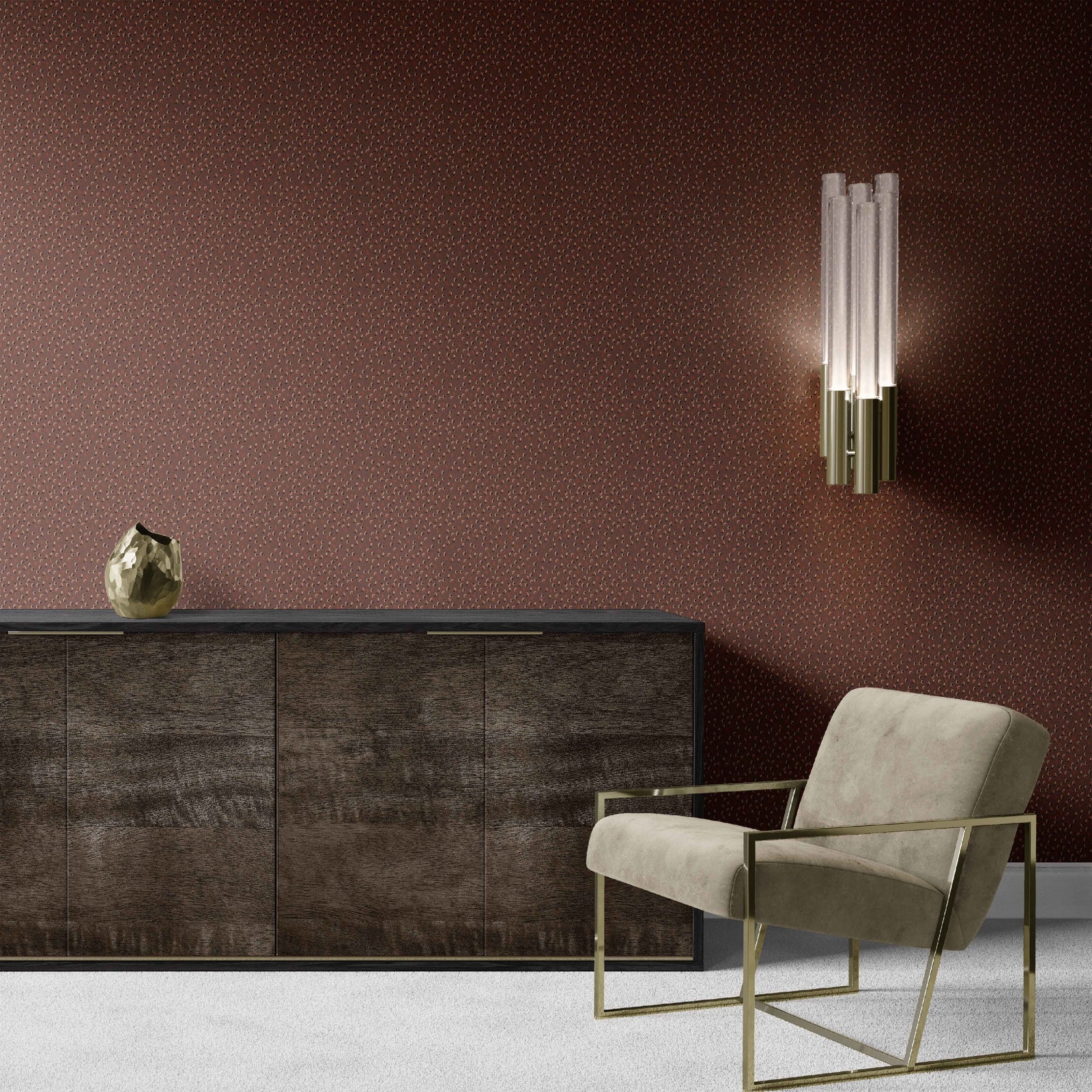 burgandy_A Bowen wallpaper by Wall Snobs features a burgundy geometric pattern with subtle animal-print inspiration, creating a layered and textural wallcovering. Featured in the RUE Magazine Showhouse in Dallas, Texas.