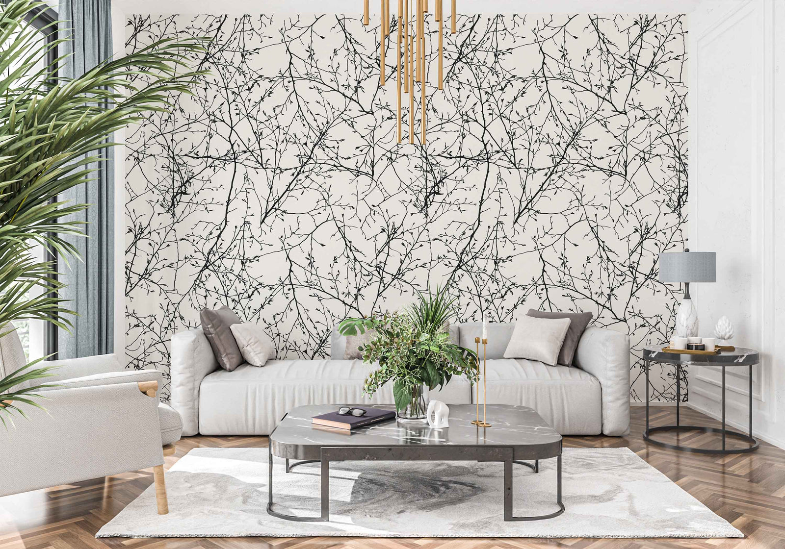 alabaster_A wallpaper with a pattern of black branches against a alabaster background in a living room with white couch