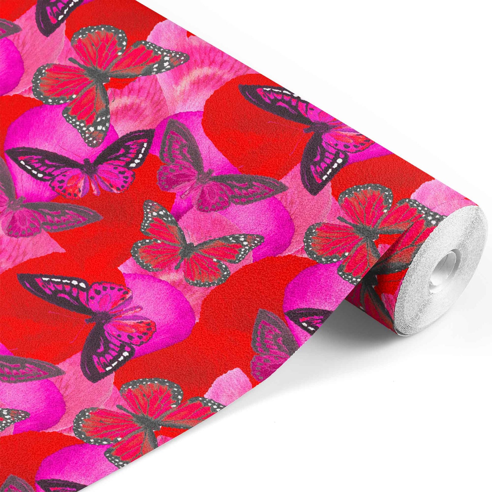 pink_A vibrant wallpaper featuring a pattern of pink and red butterflies with detailed wings over a red background with pink floral accents.