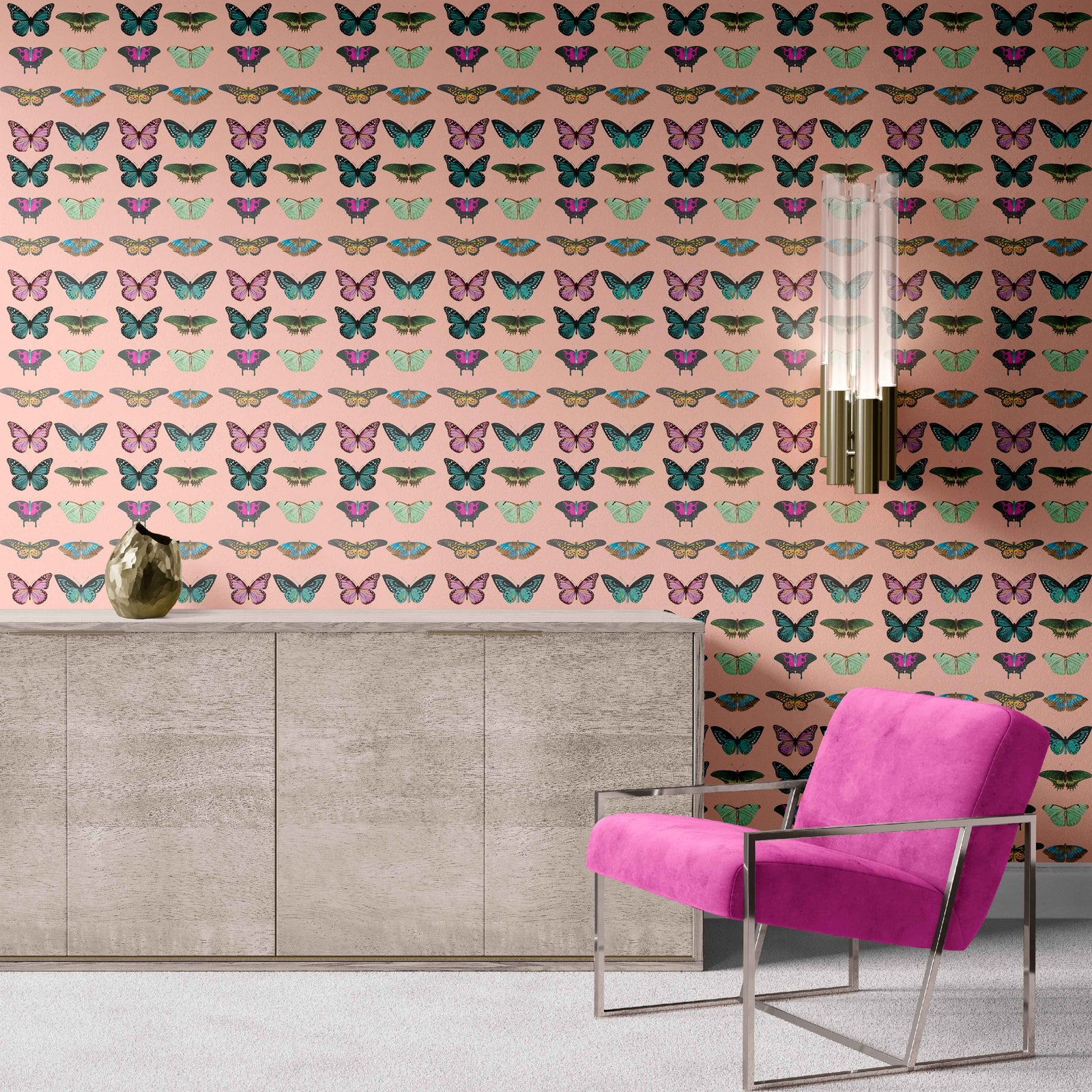 pink_A collection of various colorful butterflies on a pink background in a siting area with a pink sofa