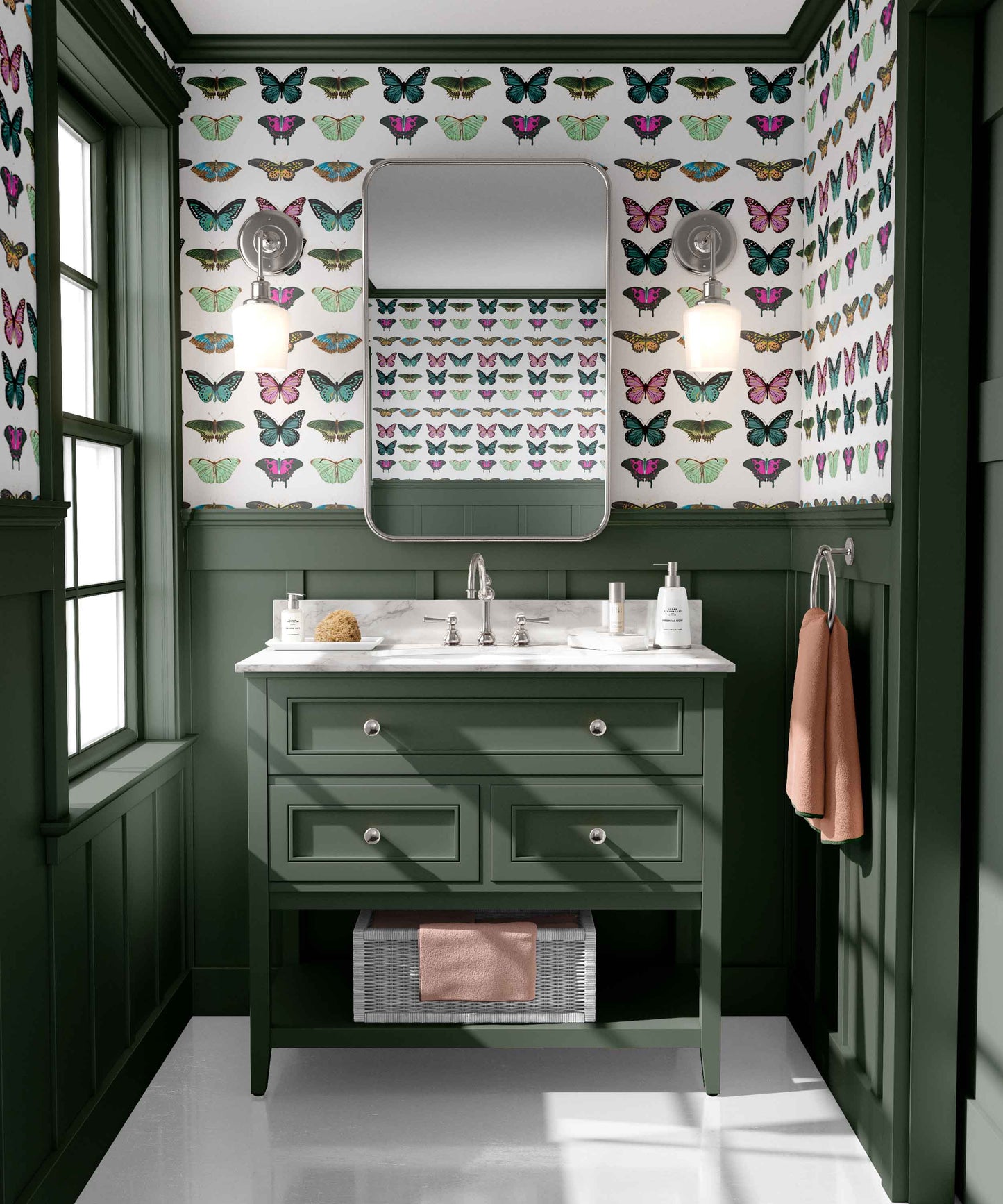 white_A collection of various colorful butterflies on a white background in a green moody bathroom