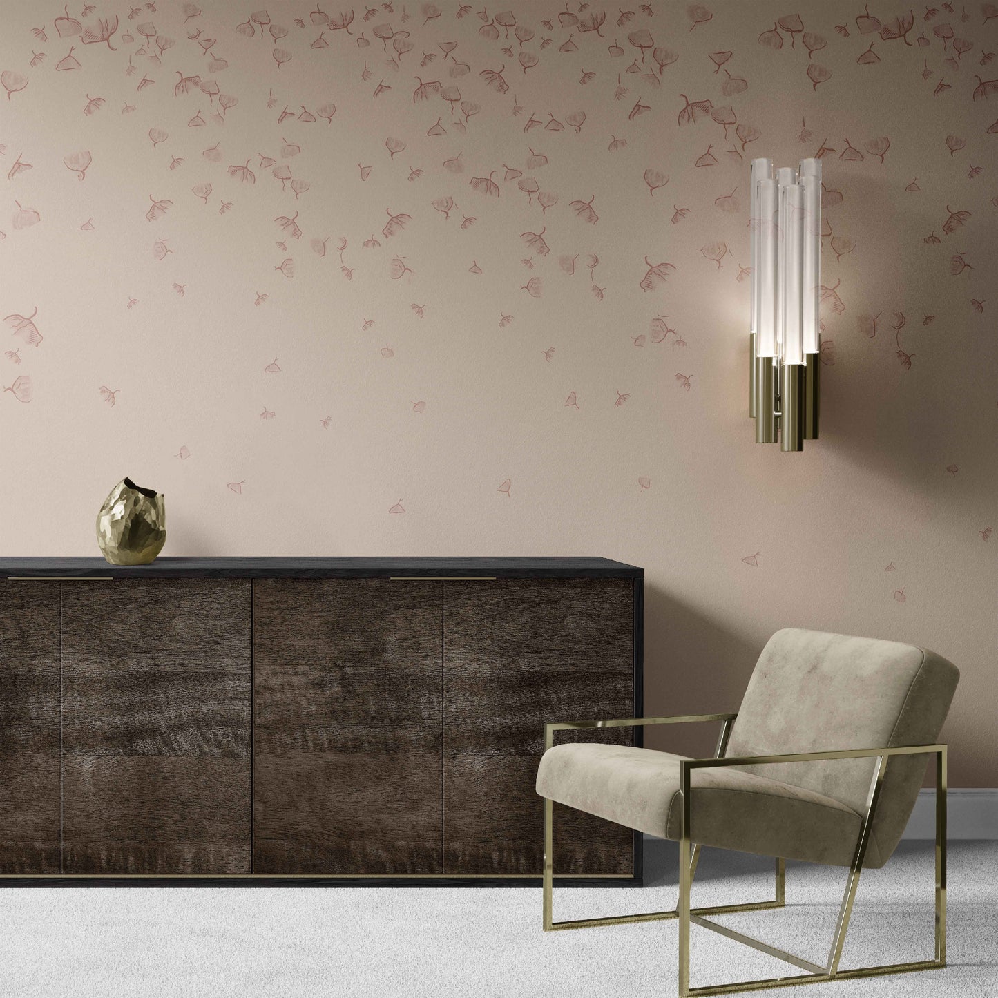 terracotta_A Ginkgo Garden mural by Wall Snobs in a warm terracotta colorway, featuring delicate hand-drawn ginkgo leaves scattered across a soft blush background. Featured in the dining room of the RUE Magazine Showhouse in Dallas, Texas, where the nature-inspired design adds warmth, movement, and an elegant organic touch to the space.