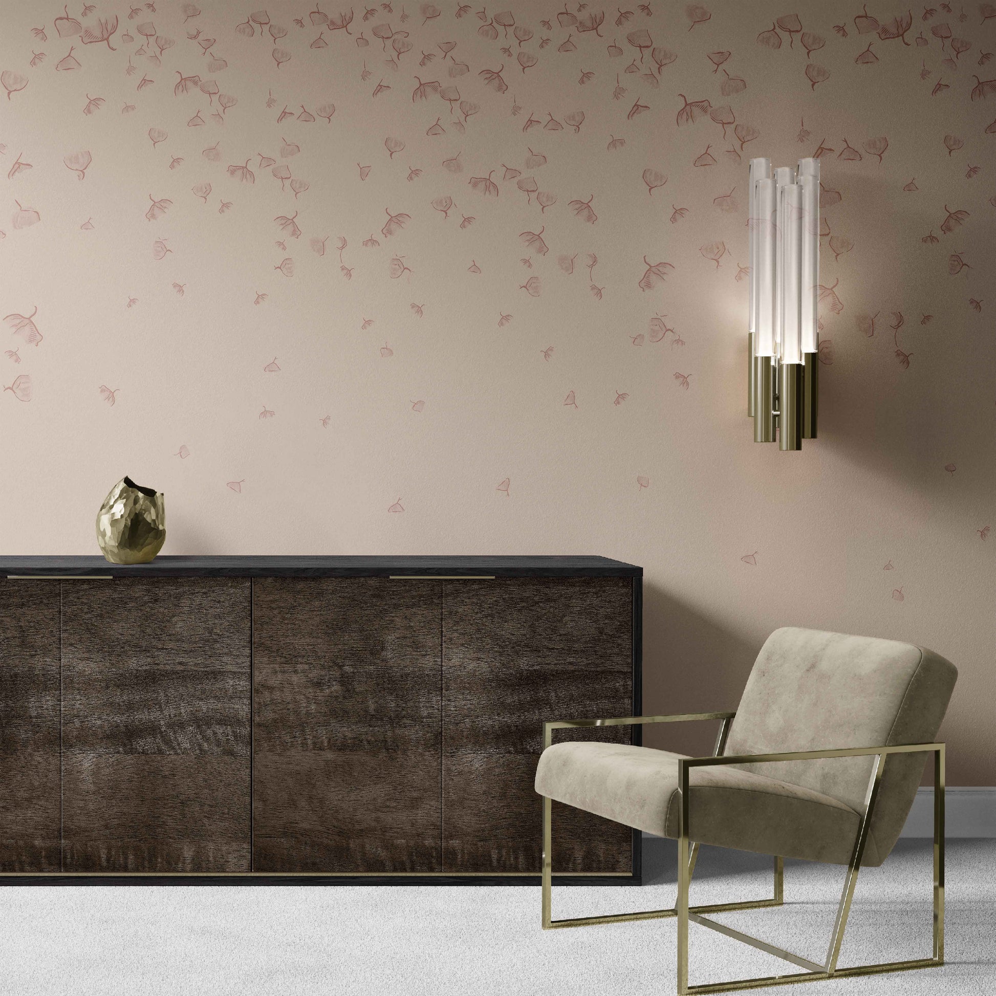 terracotta_A Ginkgo Garden mural by Wall Snobs in a warm terracotta colorway, featuring delicate hand-drawn ginkgo leaves scattered across a soft blush background. Featured in the dining room of the RUE Magazine Showhouse in Dallas, Texas, where the nature-inspired design adds warmth, movement, and an elegant organic touch to the space.