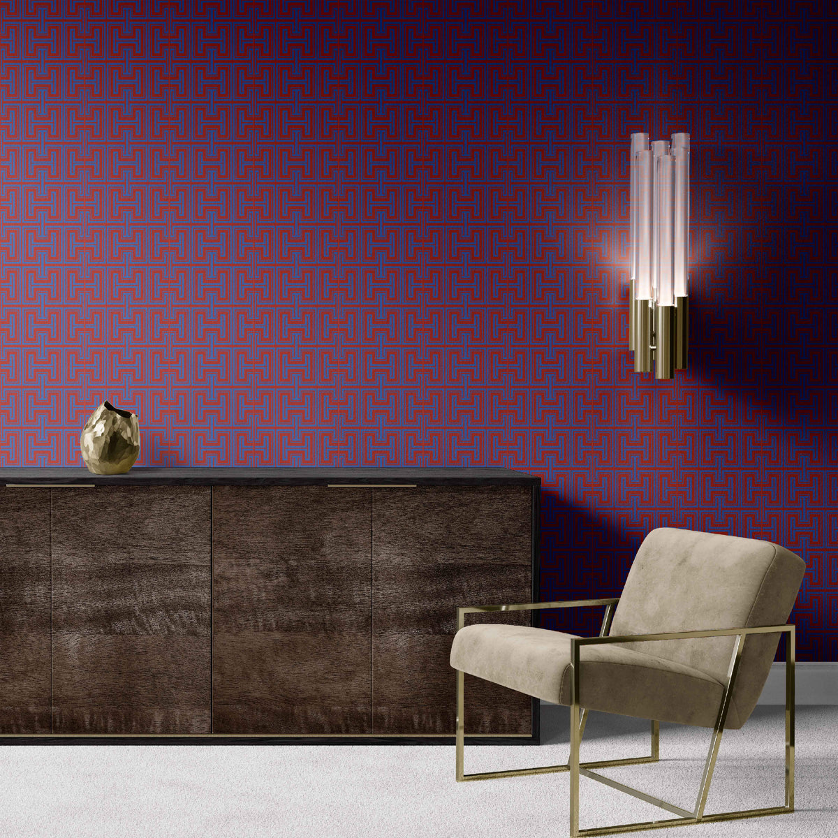 blue_Modern interior with a dark wooden sideboard, beige armchair, and decorative wall light against a red patterned wall.