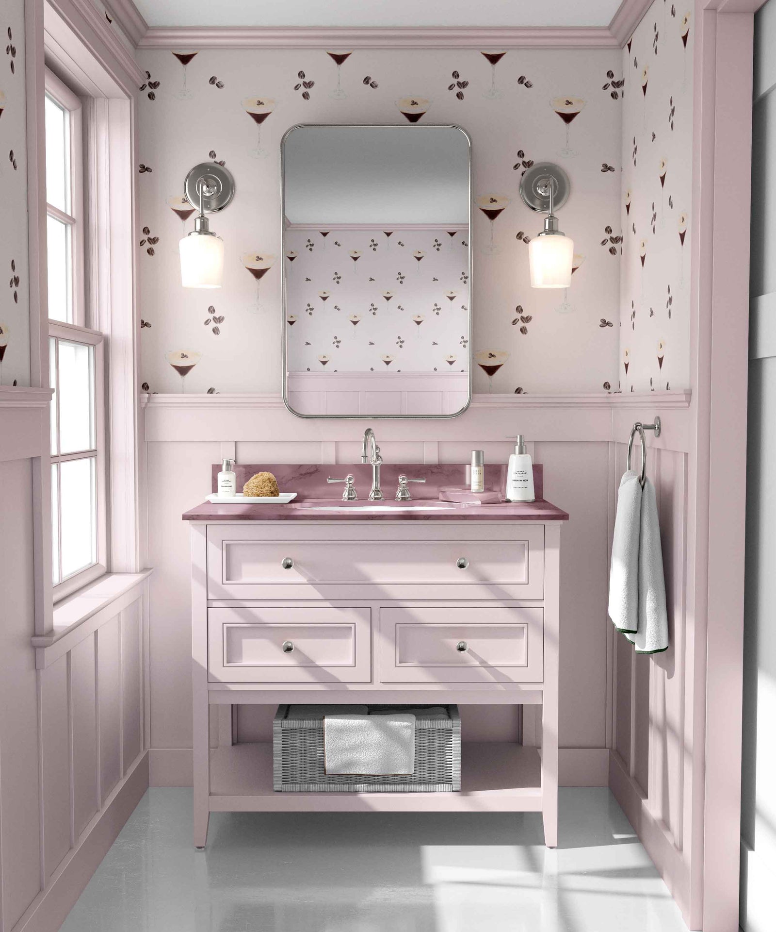 blush_espresso martini on a blush background with coffee beans arranged in a blush bathroom