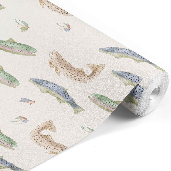 cream_A roll of wallpaper with a pattern featuring illustrations of various fish species in a repeating design against a beige background.