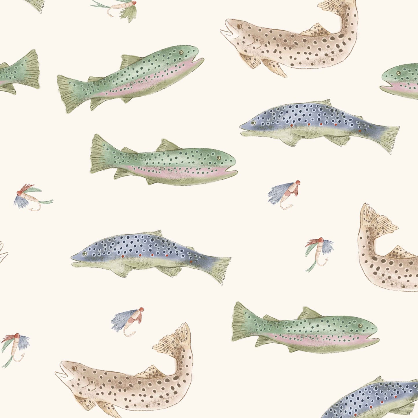 cream_A roll of wallpaper with a pattern featuring illustrations of various fish species in a repeating design against a beige background.