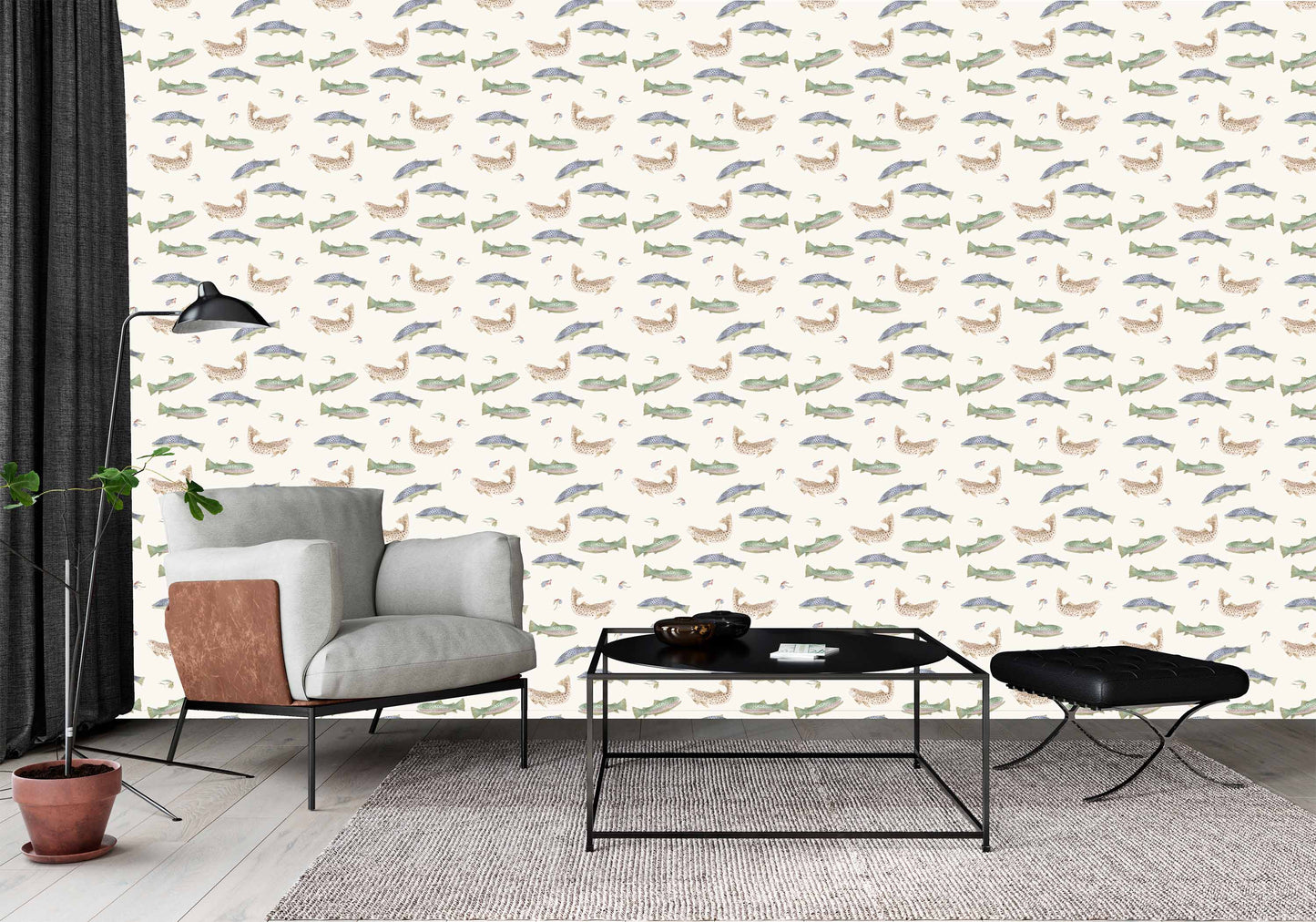 cream_A roll of wallpaper with a pattern featuring illustrations of various fish species in a repeating design against a beige background in a sitting area