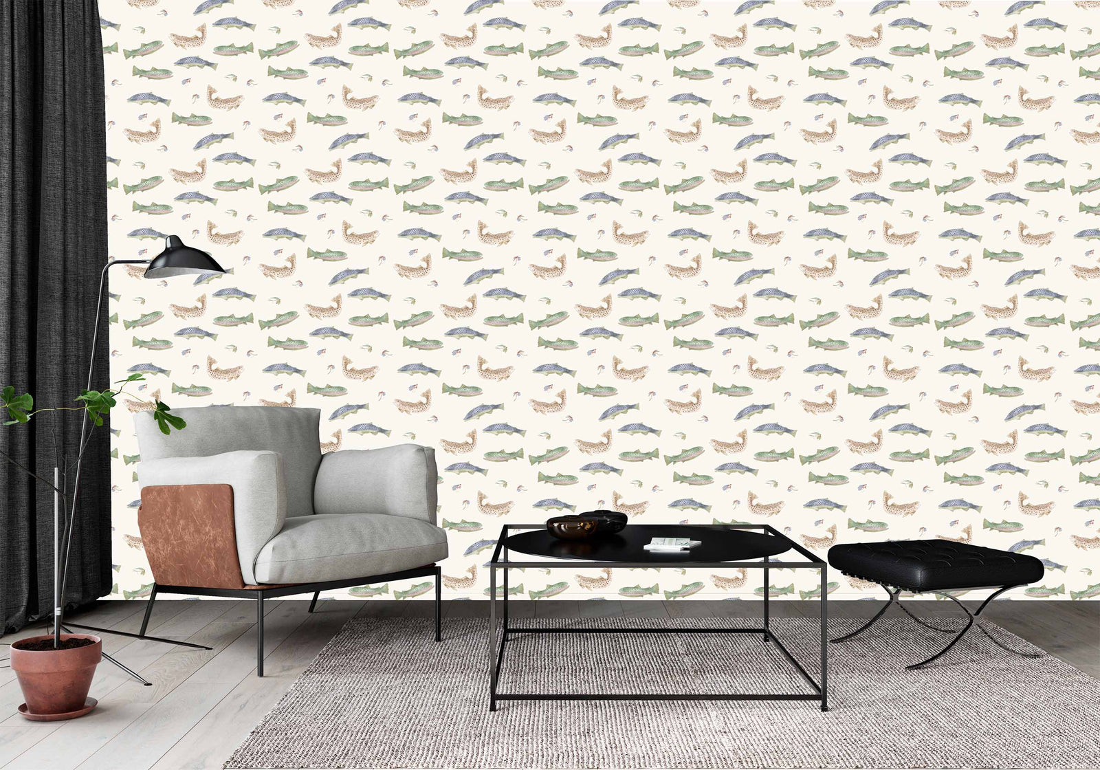 cream_A roll of wallpaper with a pattern featuring illustrations of various fish species in a repeating design against a beige background in a sitting area