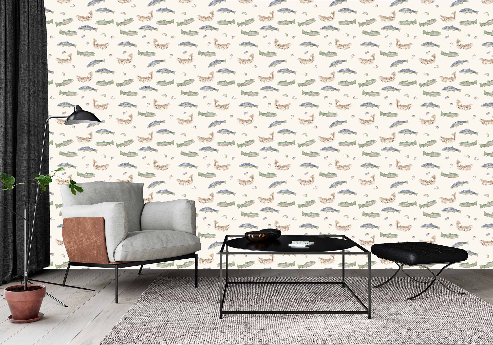cream_A roll of wallpaper with a pattern featuring illustrations of various fish species in a repeating design against a beige background in a sitting area