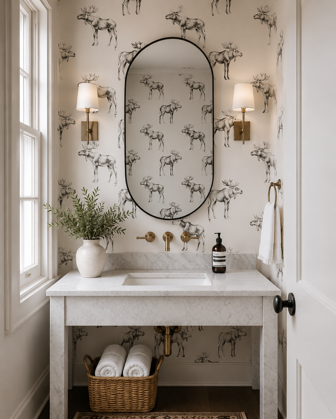 white_Bright luxury powder bath featuring dark charcoal moose-pattern wallpaper with hand-sketched antlered moose motifs, warm brass sconces, a black framed oval mirror, white marble vanity, brass wall-mounted faucet, woven basket towels, and soft ambient lighting for a refined rustic lodge aesthetic.