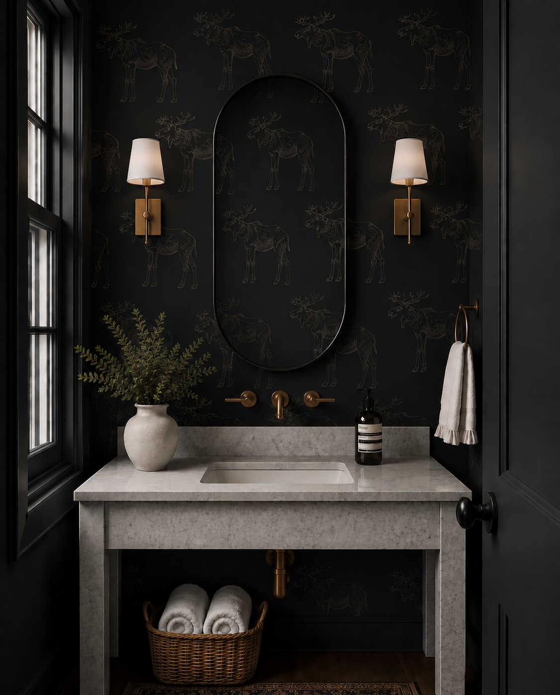 grey-black_Moody luxury powder bath featuring dark charcoal moose-pattern wallpaper with hand-sketched antlered moose motifs, warm brass sconces, a black framed oval mirror, white marble vanity, brass wall-mounted faucet, woven basket towels, and soft ambient lighting for a refined rustic lodge aesthetic.