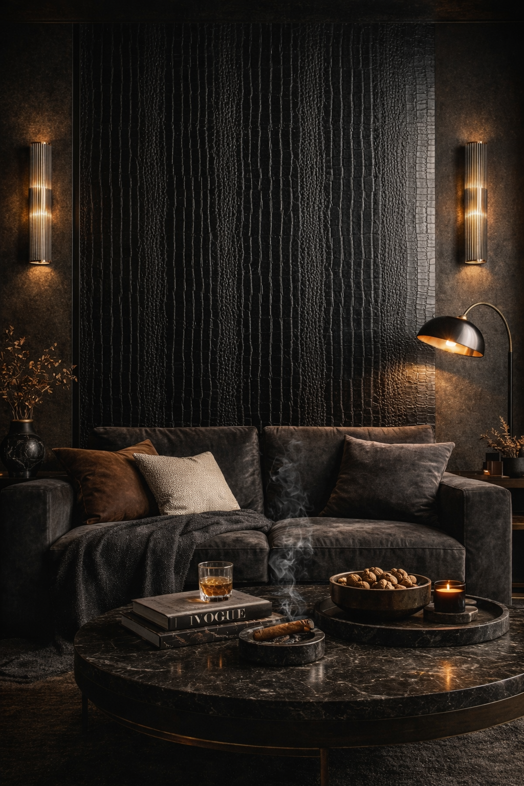 black_Matte black embossed alligator wallpaper in a moody luxury living room with warm lighting highlighting texture