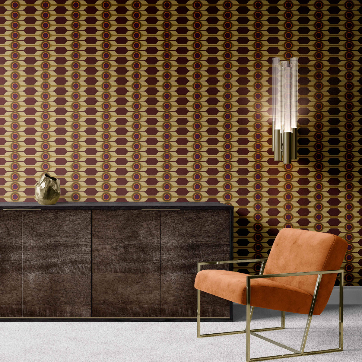 plum_Modern interior with a brown sideboard, orange chair, and patterned wall.