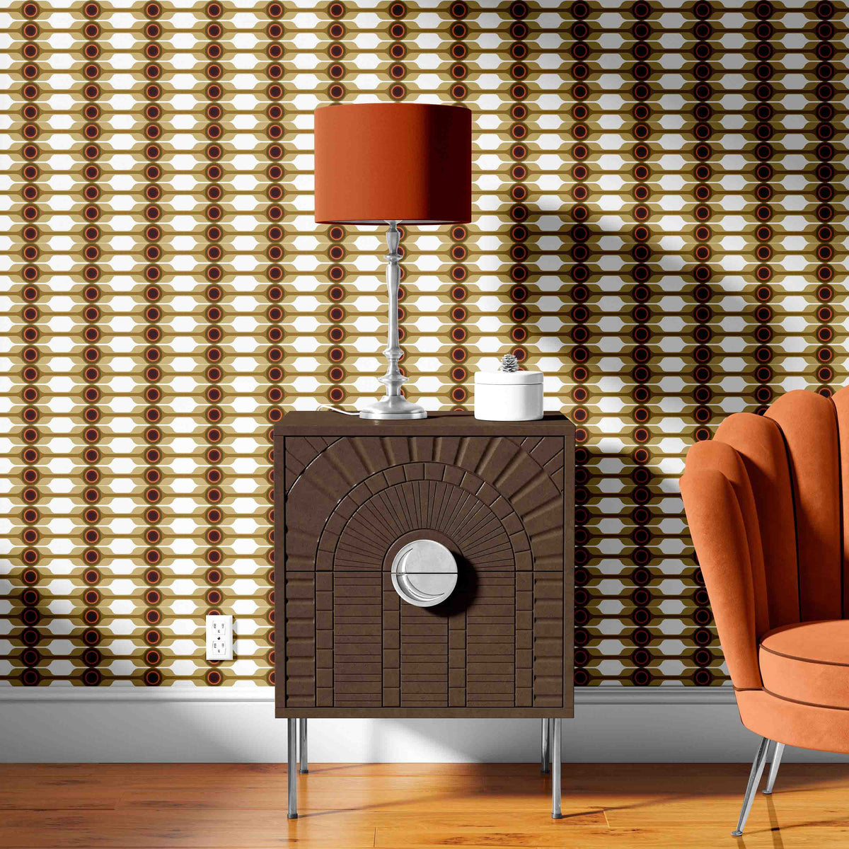white_Brown textured side table with lamp against a patterned wall