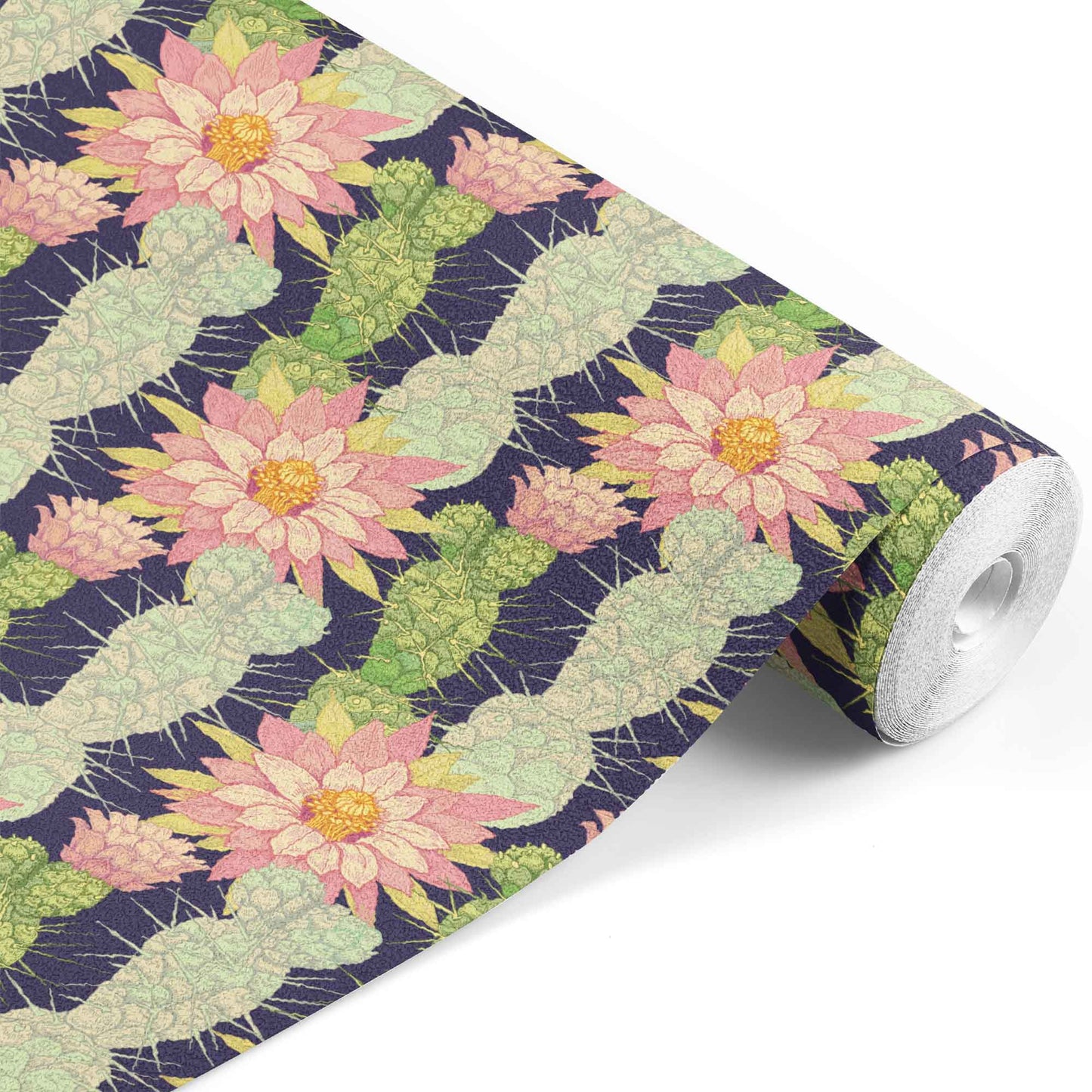 plum_A colorful traditional wallpaper featuring a pattern of climbing cacti and flowers.