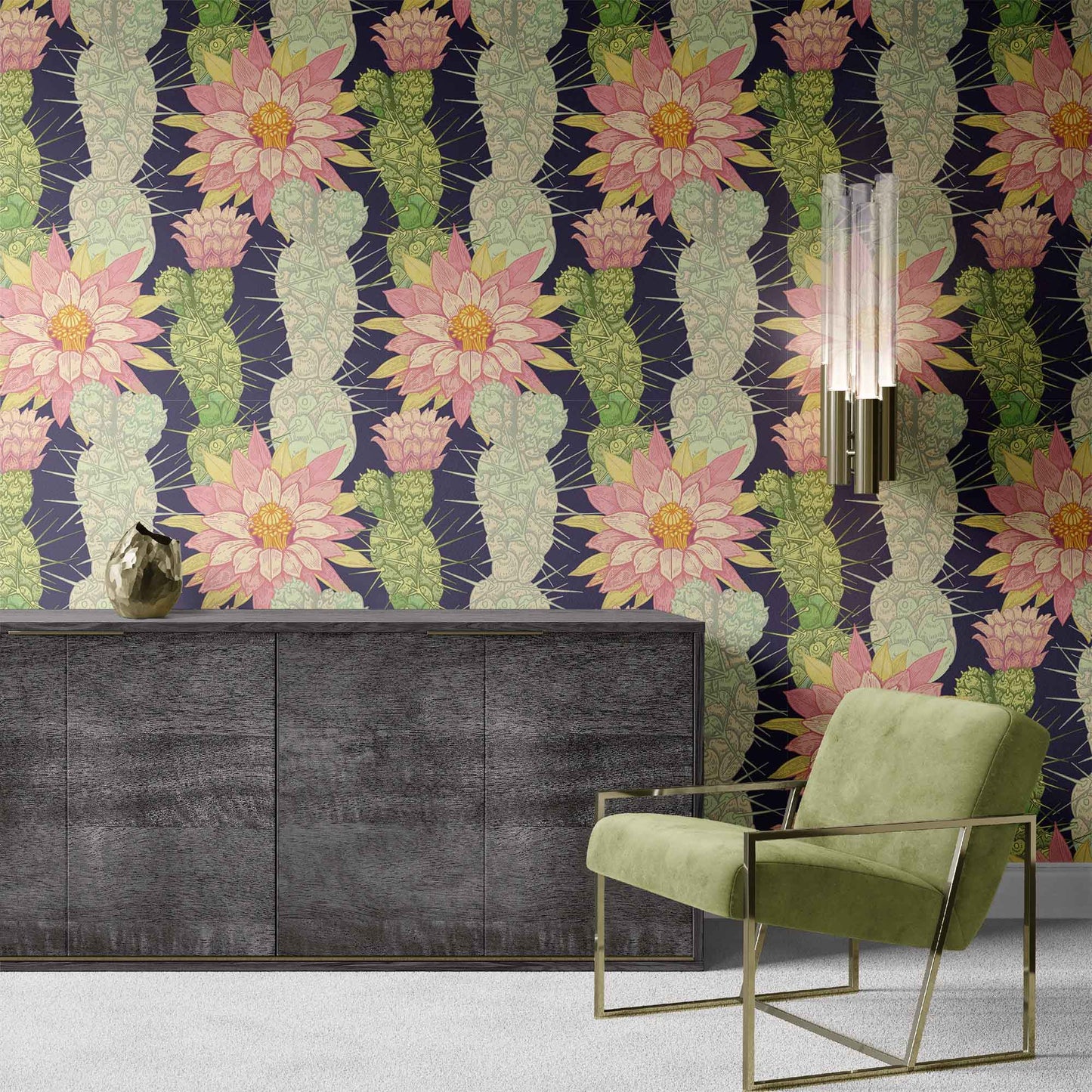 plum_A colorful traditional wallpaper featuring a pattern of climbing cacti and flowers in a living room with a green chair