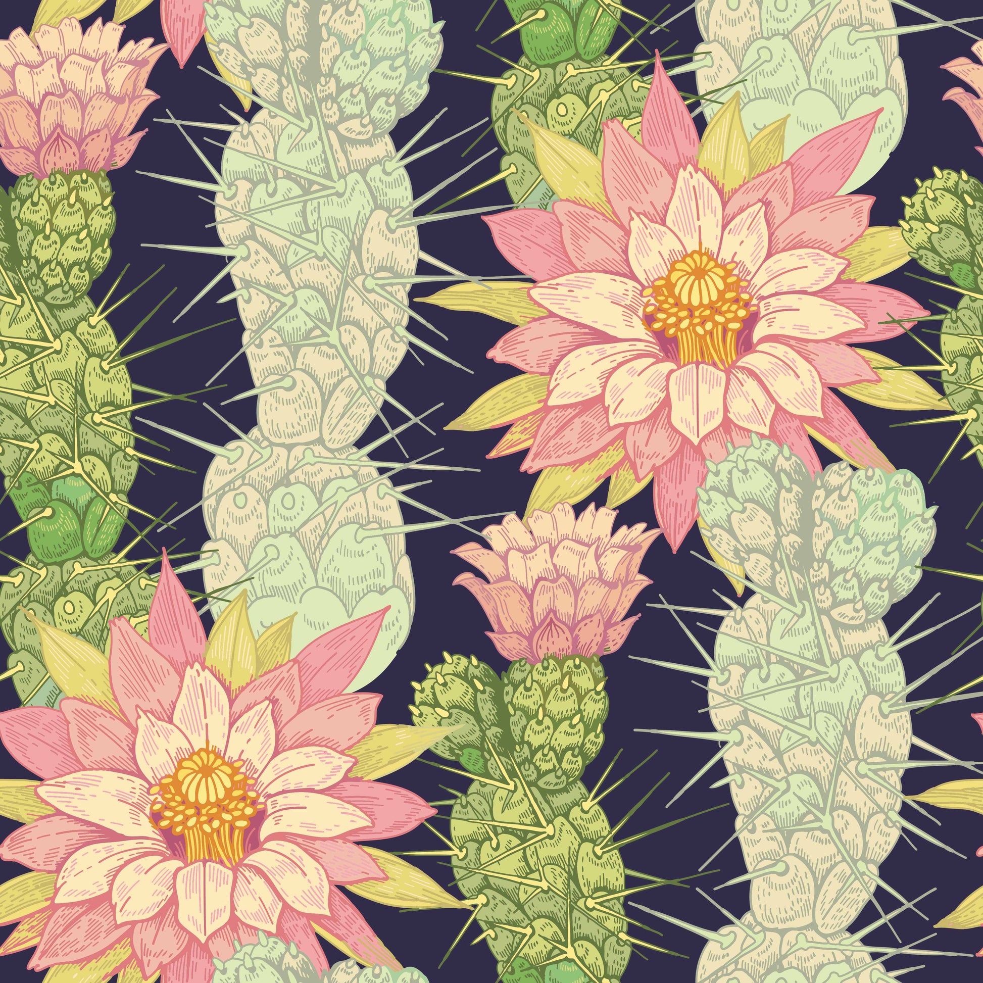 plum_A colorful traditional wallpaper featuring a pattern of climbing cacti and flowers.