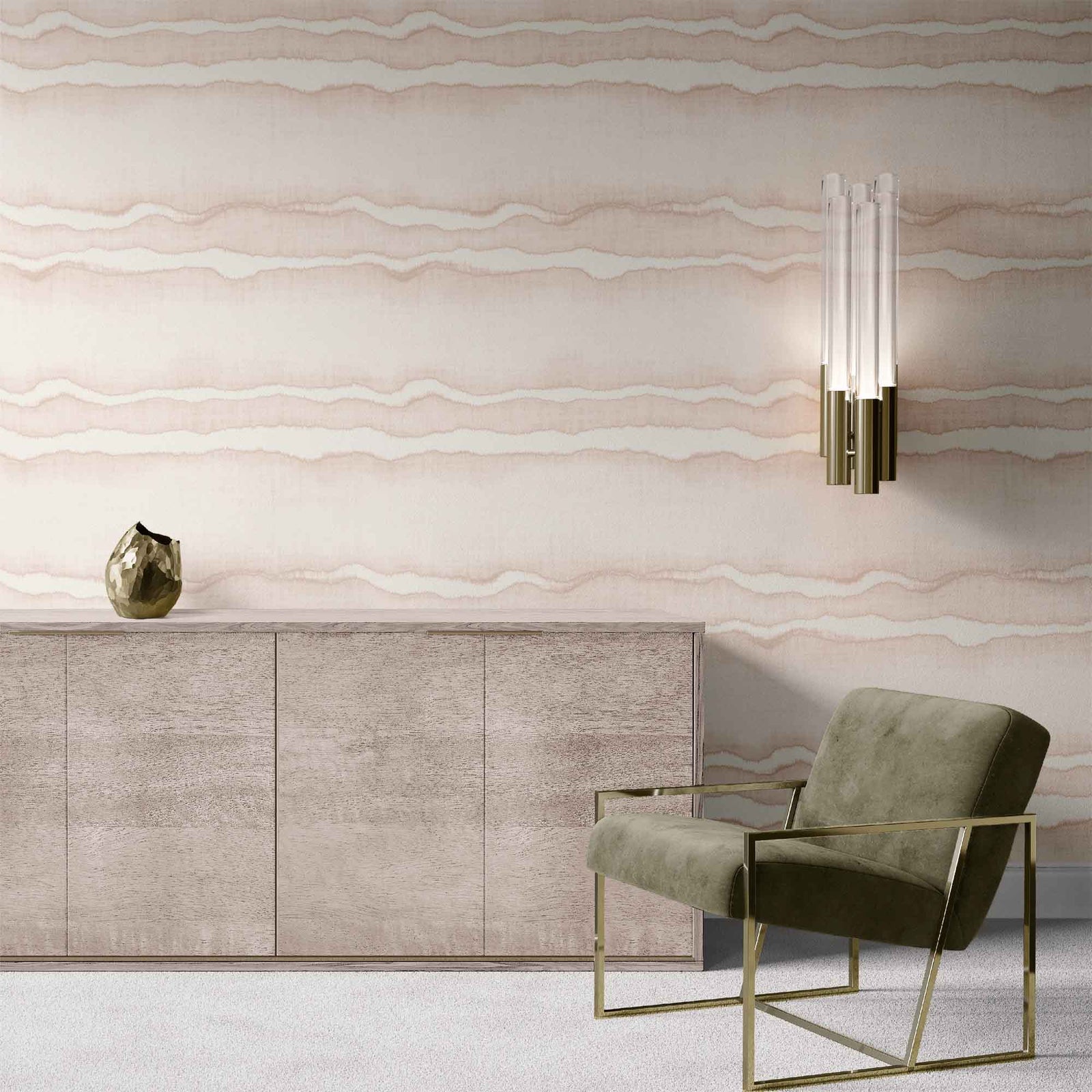 tan_beige and white striped traditional wallpaper in a sitting area with a green chair