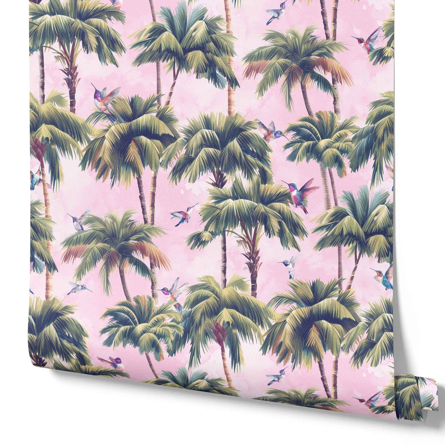 light-pink_A roll of wallpaper featuring a tropical pattern with palm trees and birds with a light pink background.