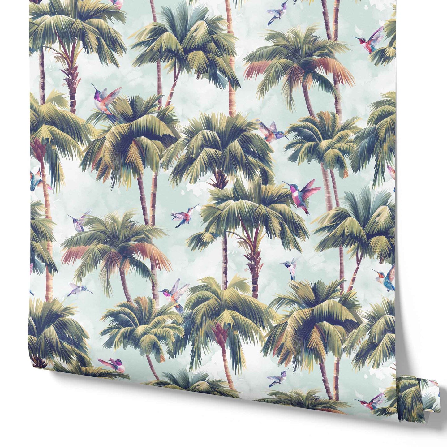 light-teal_A roll of wallpaper featuring a tropical pattern with palm trees and birds with a light teal background.