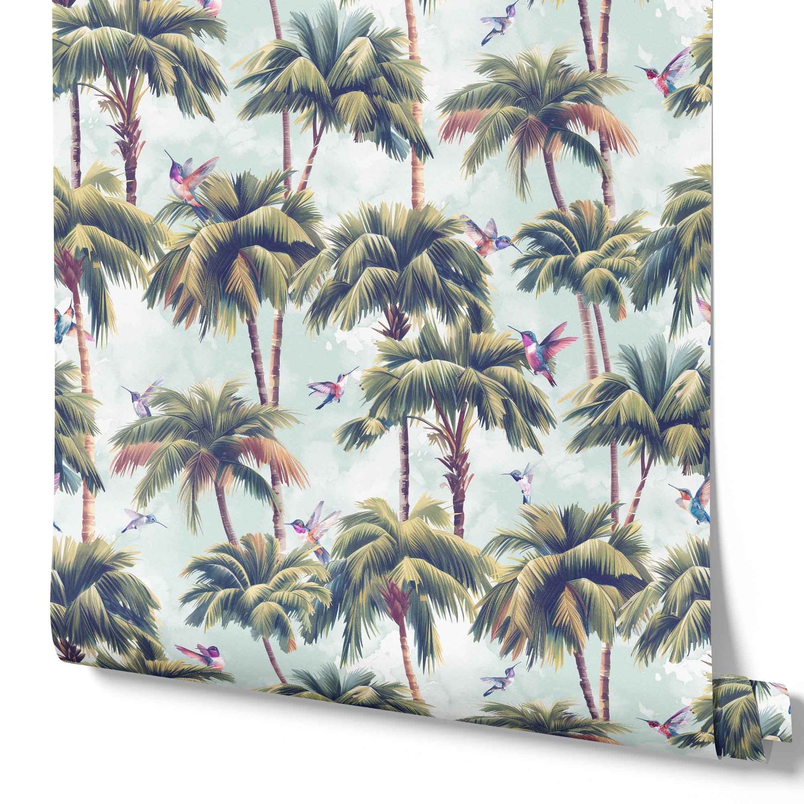 light-teal_A roll of wallpaper featuring a tropical pattern with palm trees and birds with a light teal background.