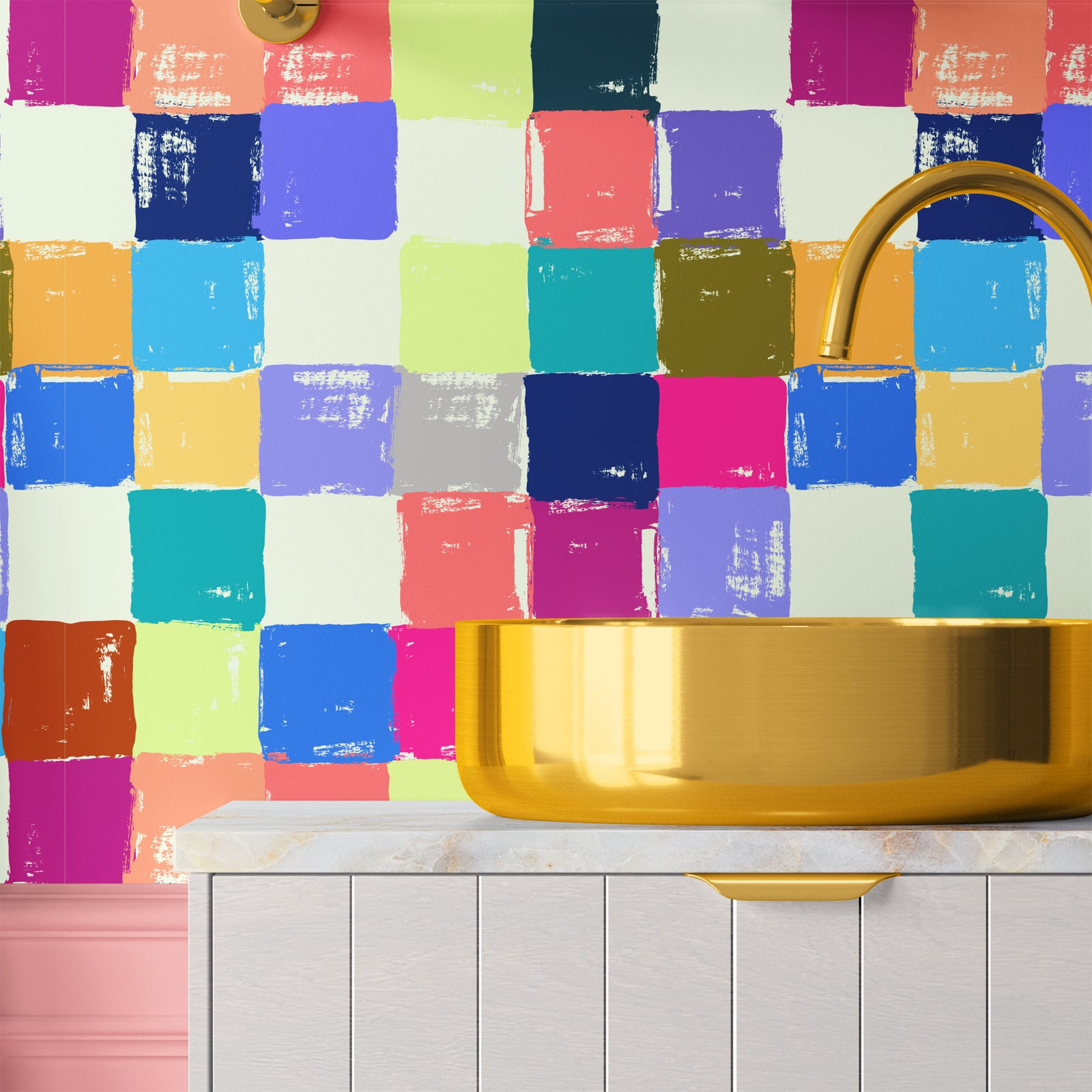 colorful_A colorful geometric patterned wallpaper featuring square tiles in various colors such as orange, pink, purple, teal, and yellow and a gold sink in a bathroom